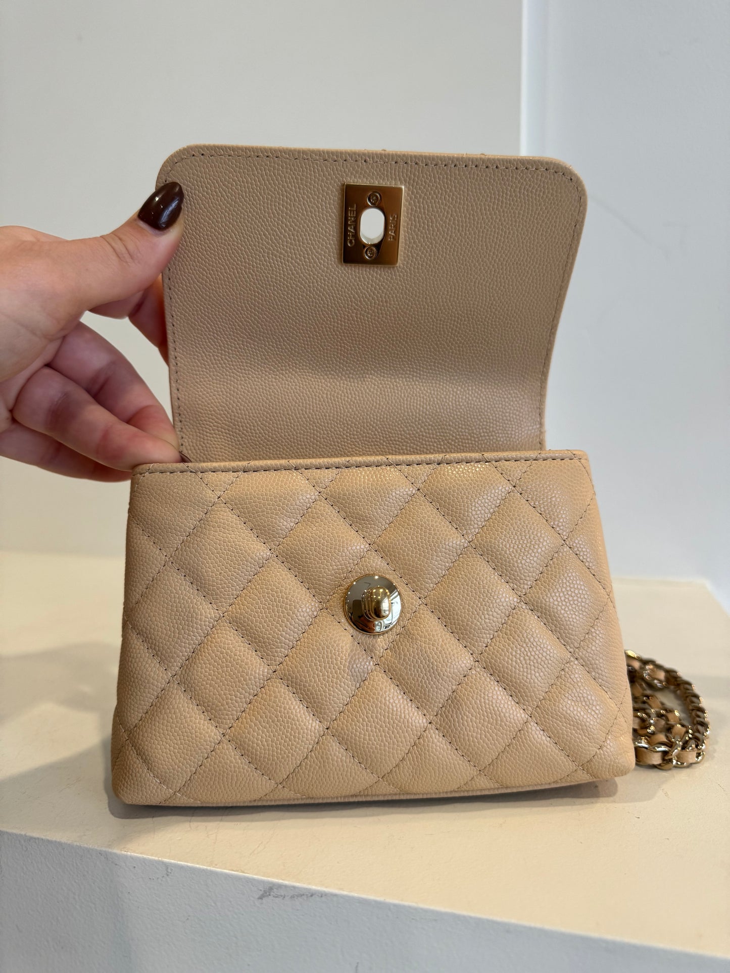 Chanel Mini Beige Caviar Coco Handle Bag 24k