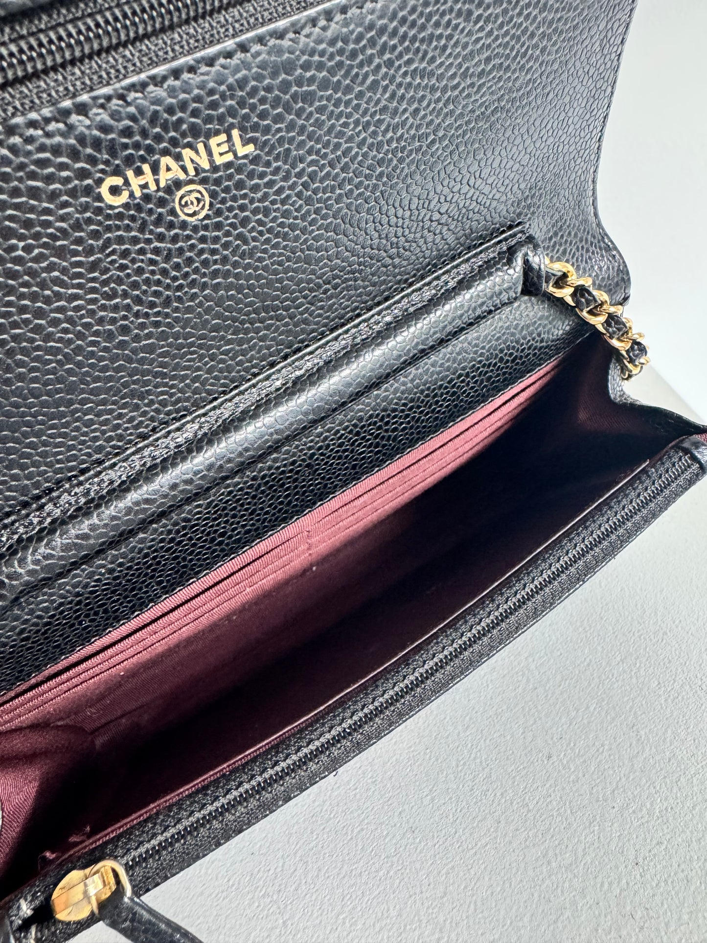 Chanel caviar wallet on chain black gold hardware