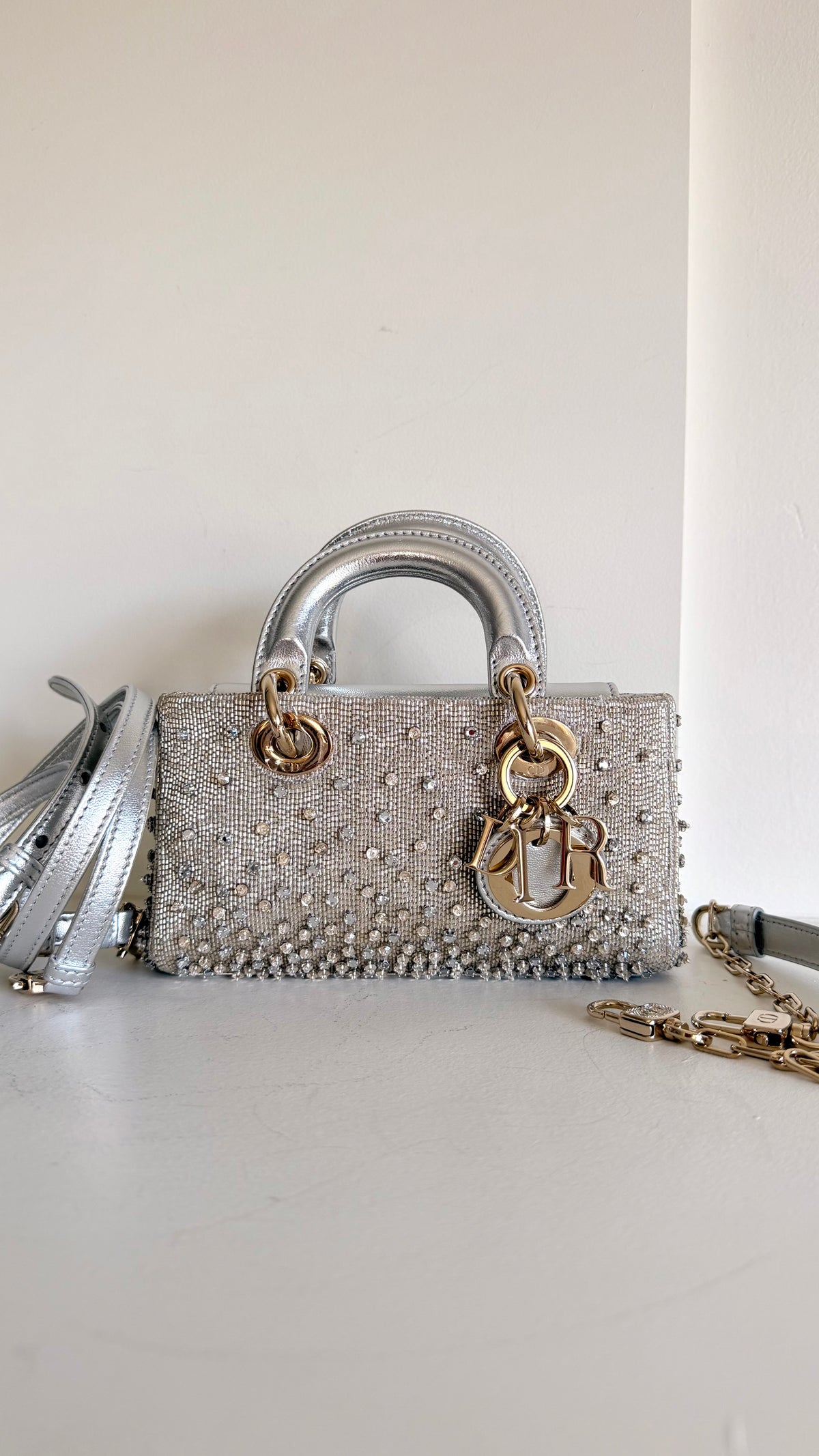 Christian Dior Metallic Lambskin Crystal Beaded Micro Lady D-Joy