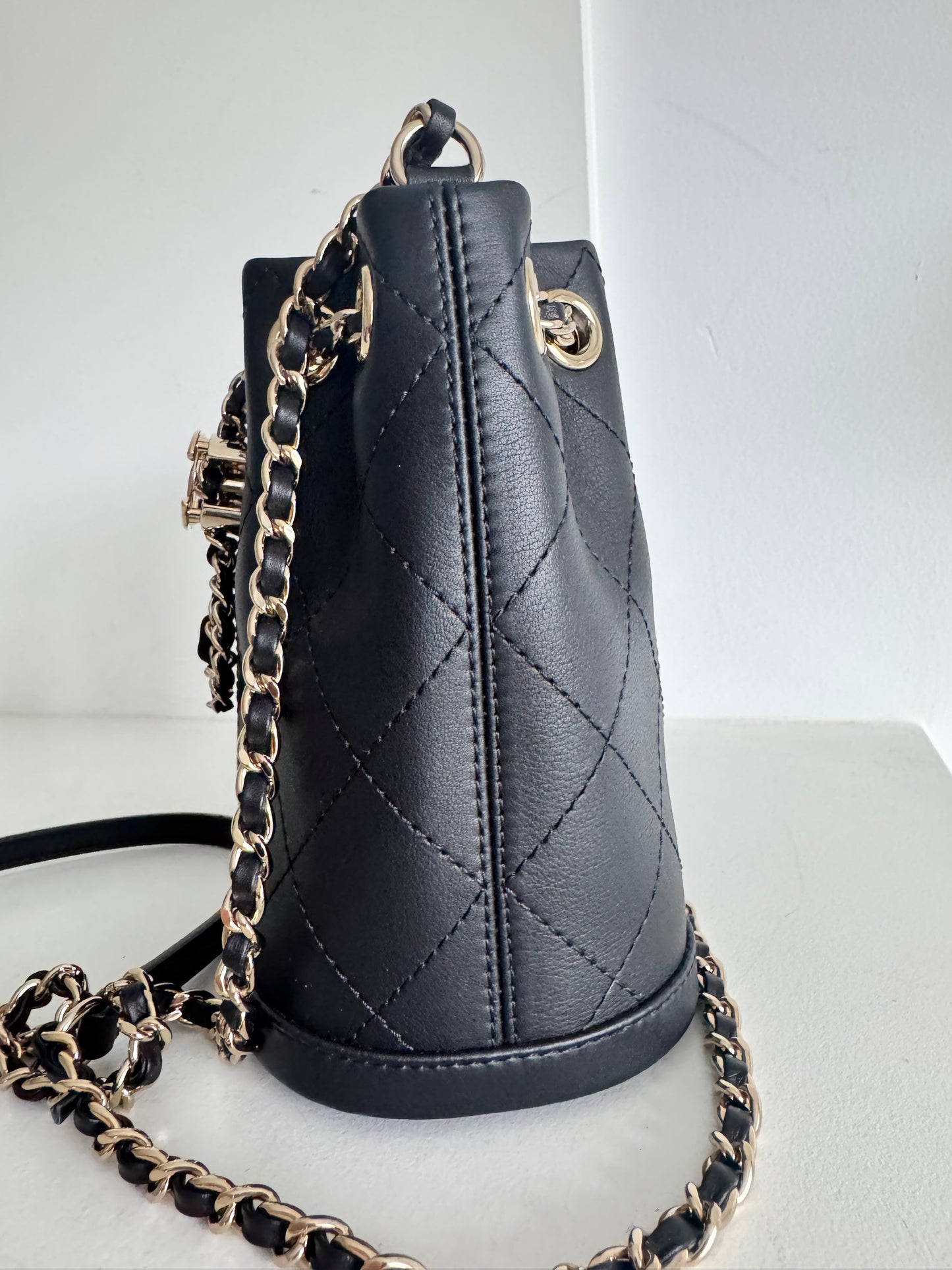 Chanel Calfskin Stitched Small Egyptian Amulet Drawstring Bag Black
