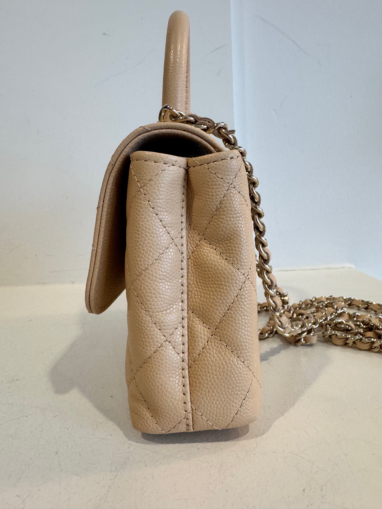 Chanel Mini Beige Caviar Coco Handle Bag 24k