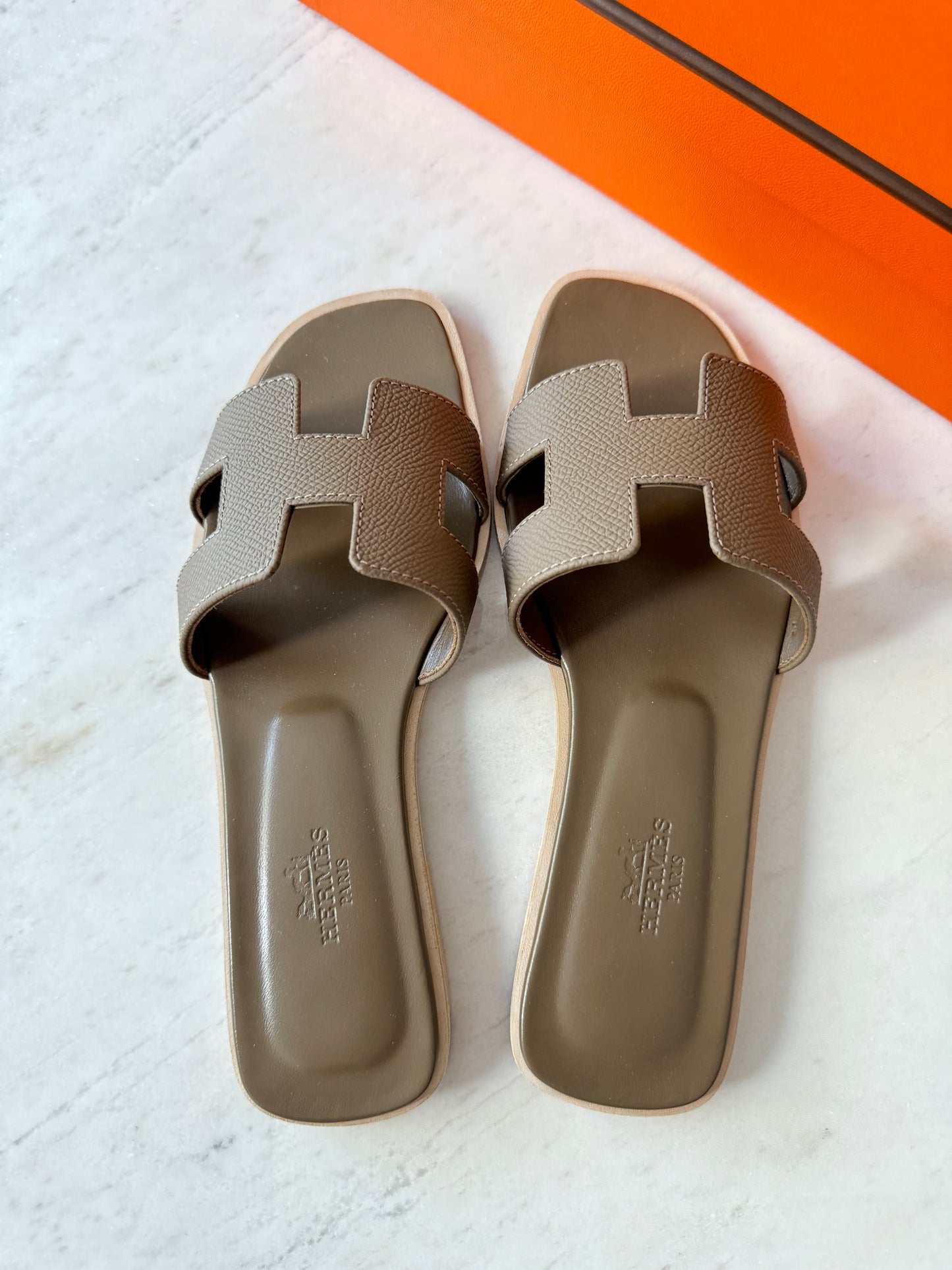 Hermes oran sandals, etoupe