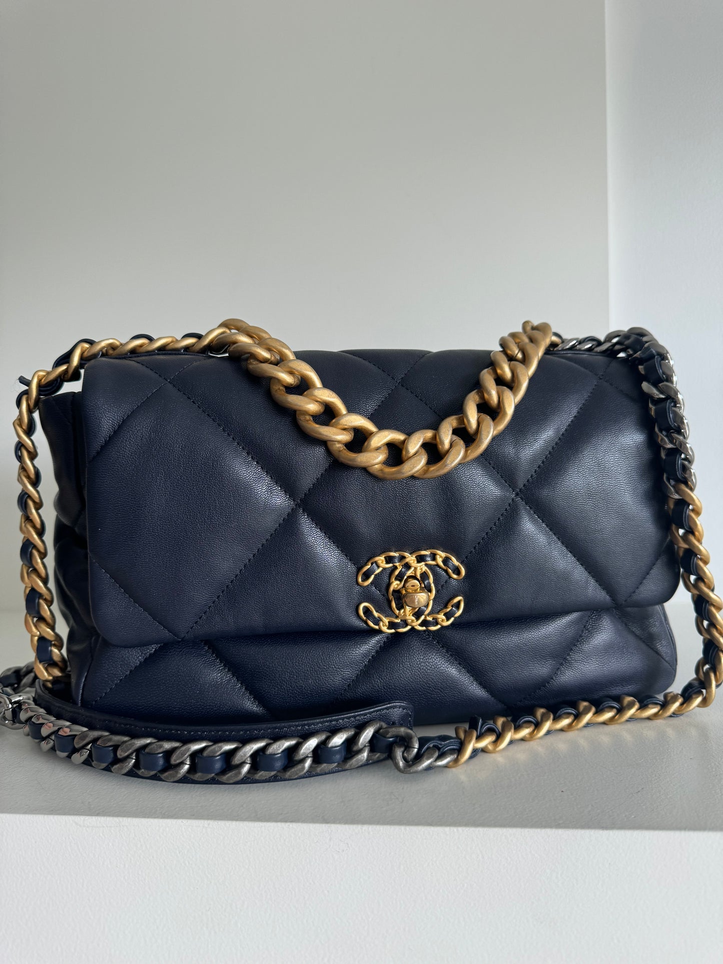 Chanel Navy Quilted goatskin Medium Chanel 19 Flap Bag Mixed Hardware