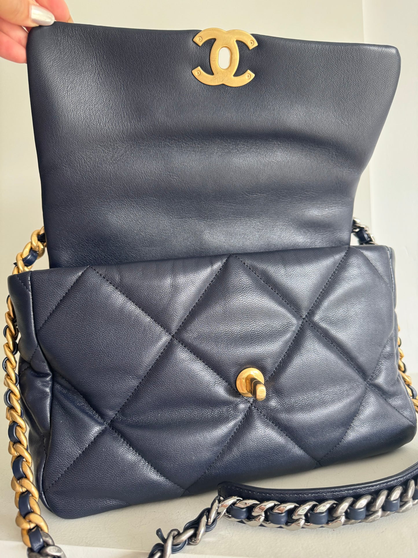 Chanel Navy Quilted goatskin Medium Chanel 19 Flap Bag Mixed Hardware