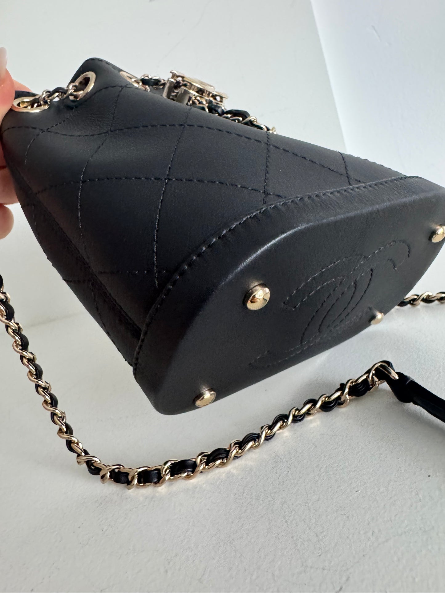Chanel Calfskin Stitched Small Egyptian Amulet Drawstring Bag Black