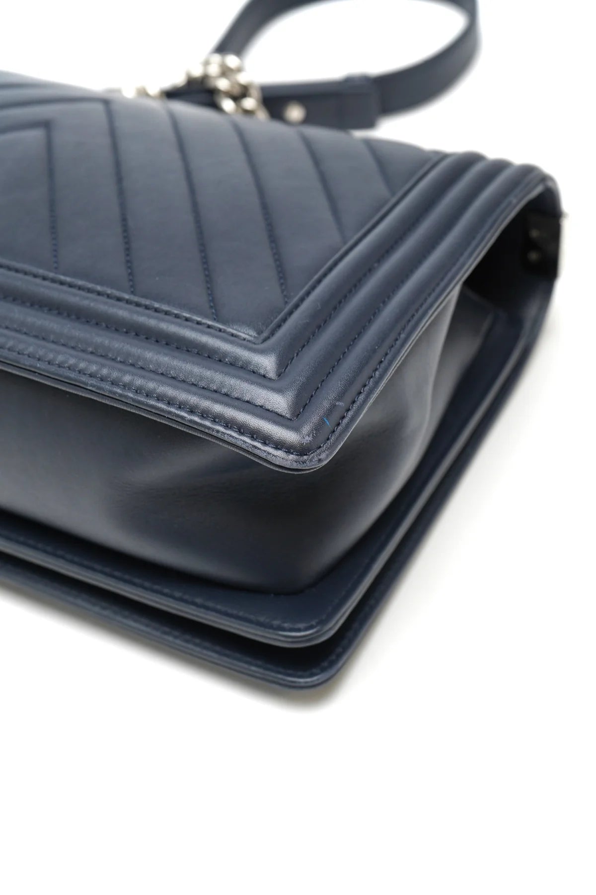 Chanel Lambskin Chevron Quilted New Large Boy Flap Dark Navy Blue
