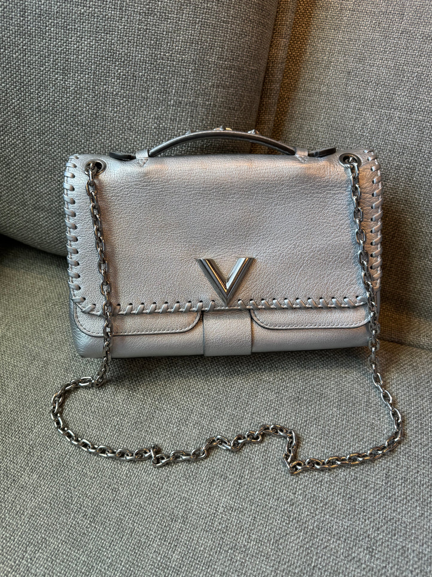 Louis Vuitton Metallic Silver Leather Braided Very Chain Bag