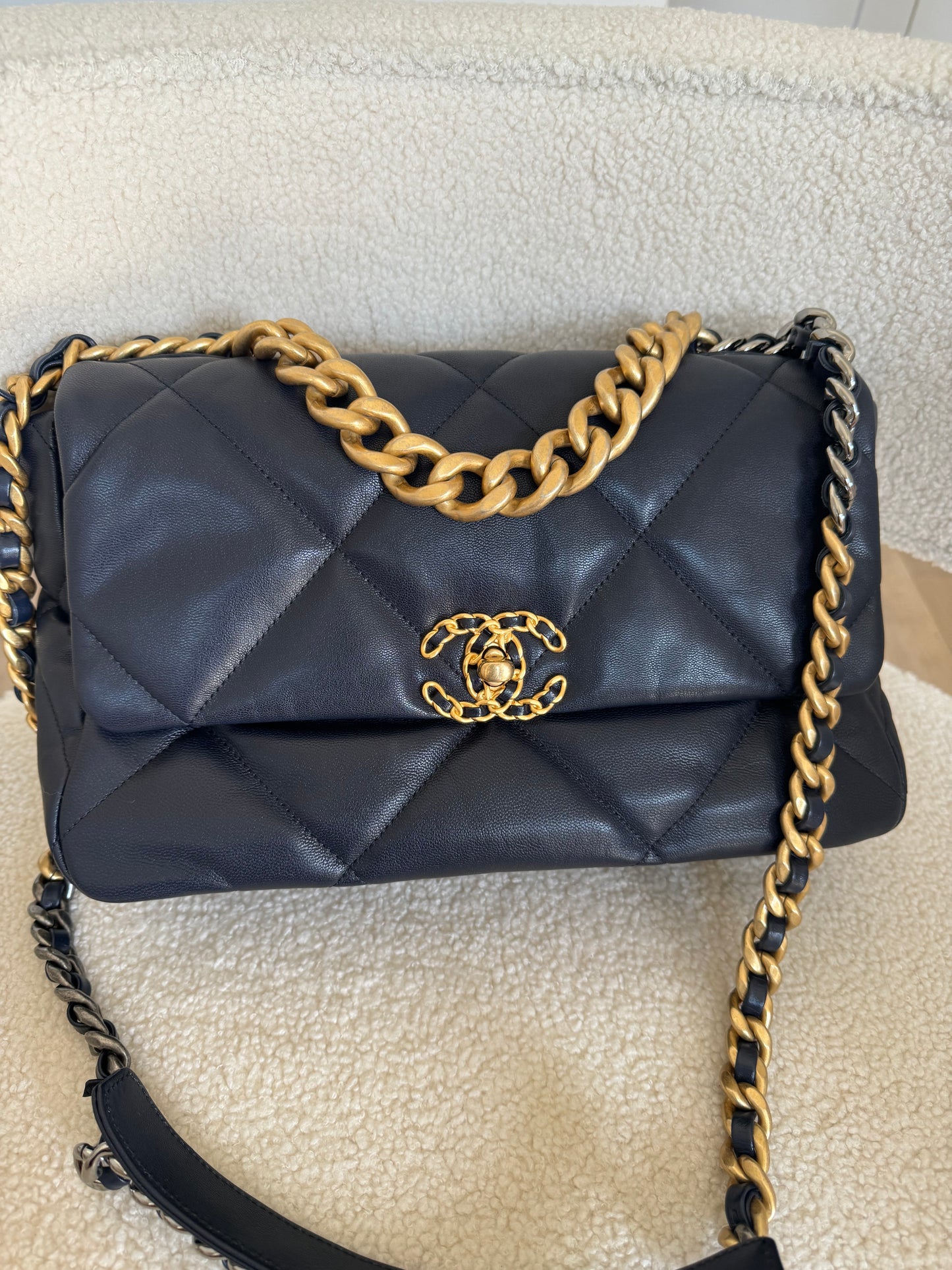 Chanel Navy Quilted goatskin Medium Chanel 19 Flap Bag Mixed Hardware