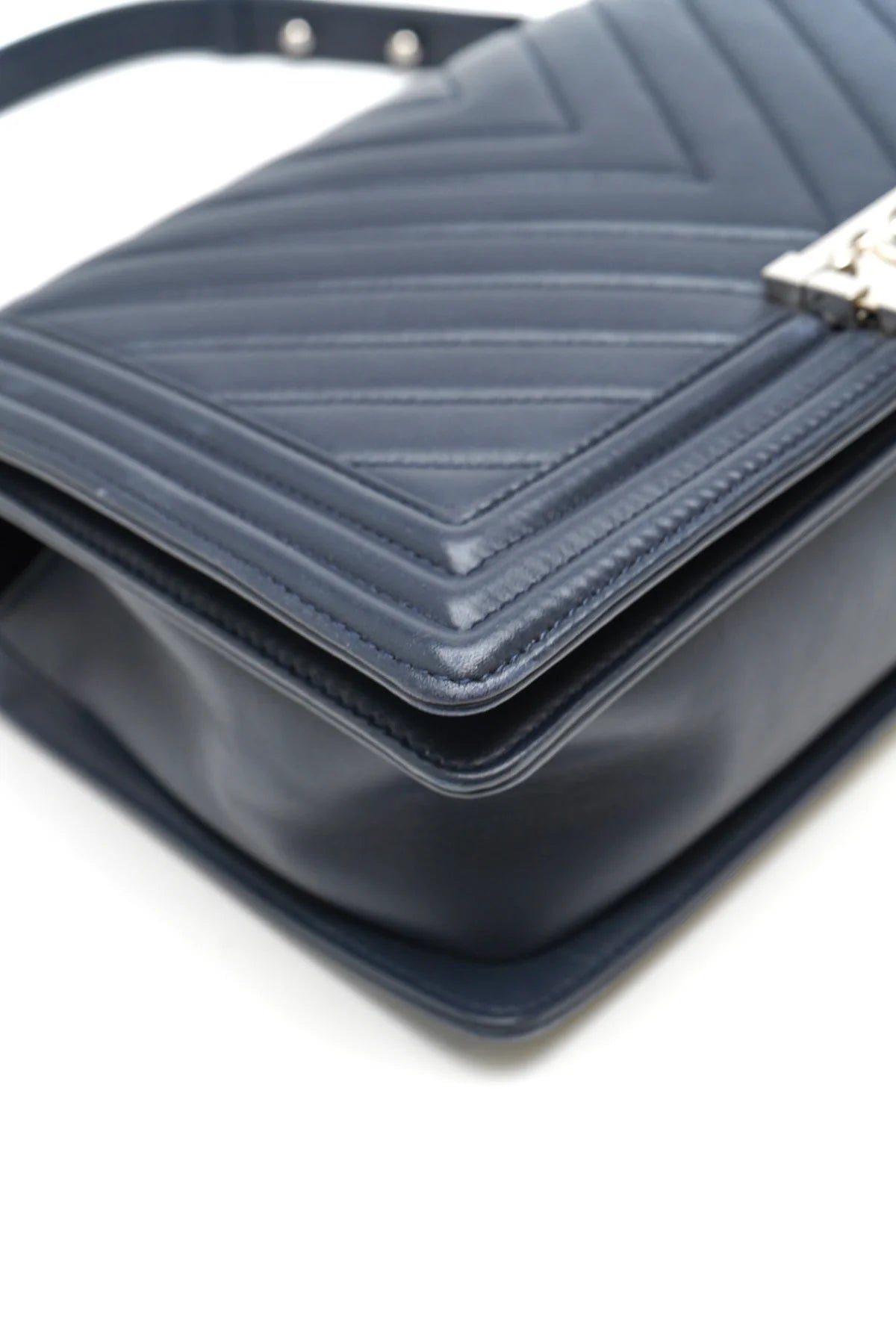 Chanel Lambskin Chevron Quilted New Large Boy Flap Dark Navy Blue
