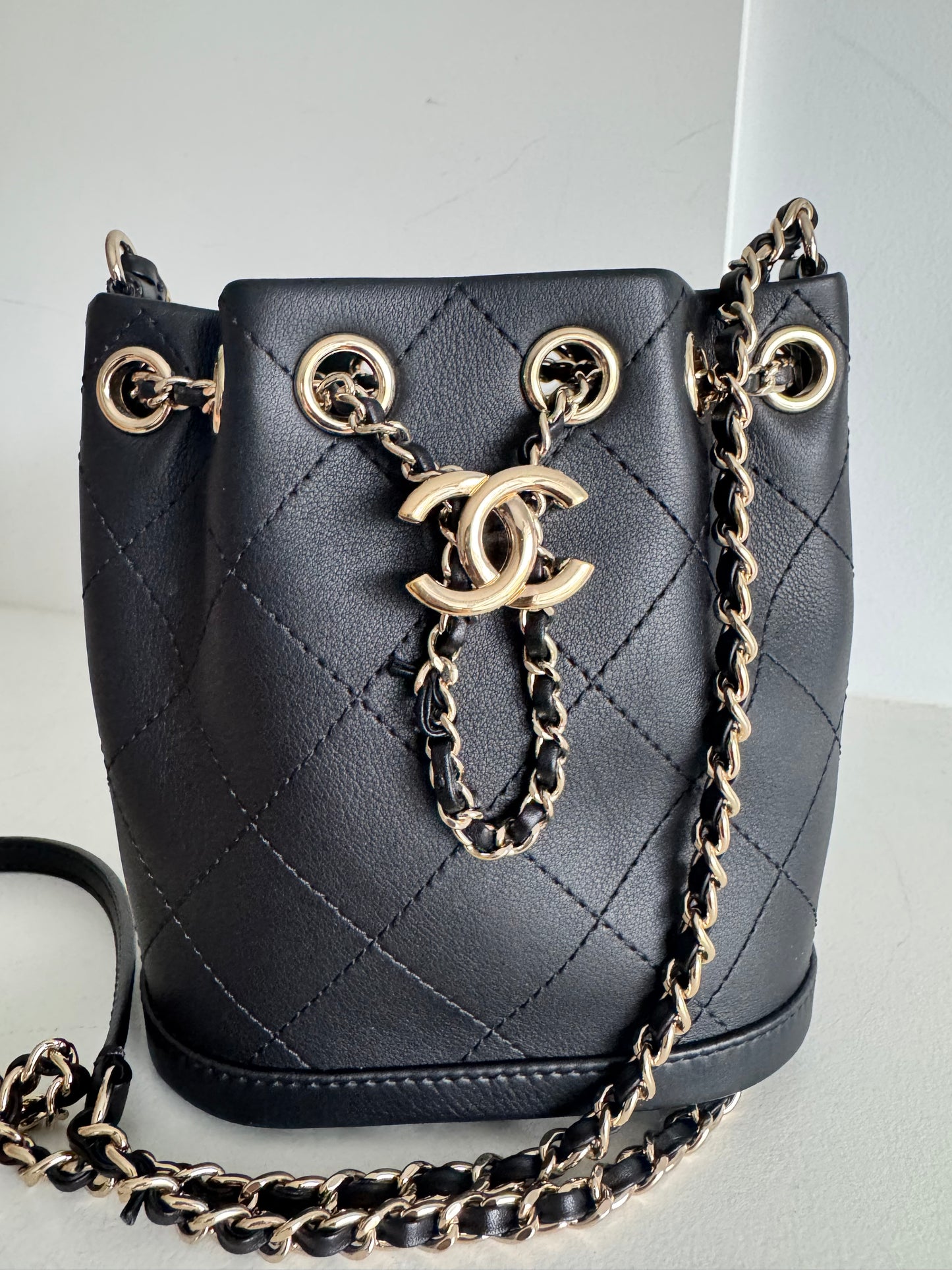 Chanel Calfskin Stitched Small Egyptian Amulet Drawstring Bag Black