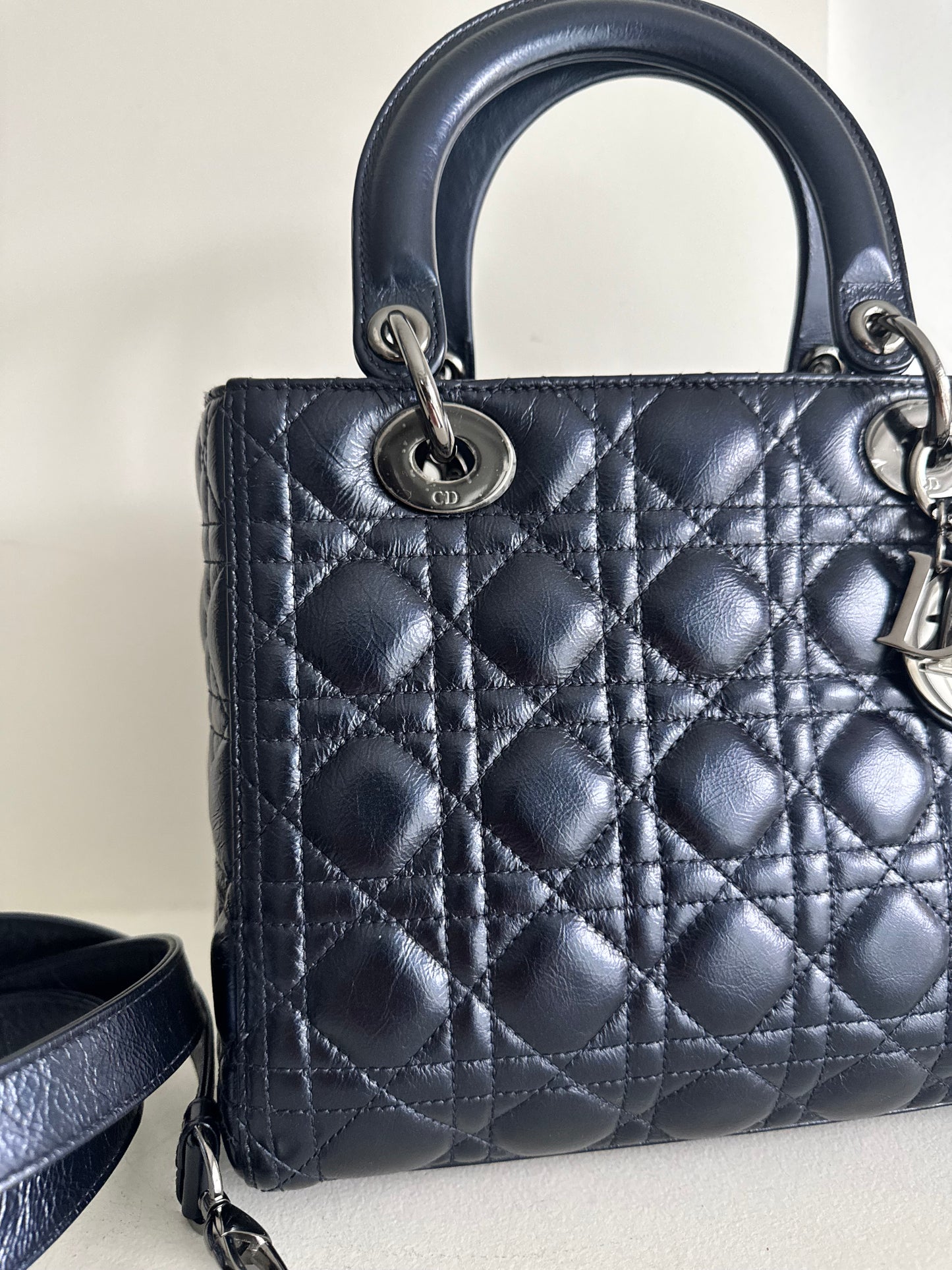 Christian Dior Medium Lady Navy with signature Cannage Stitching