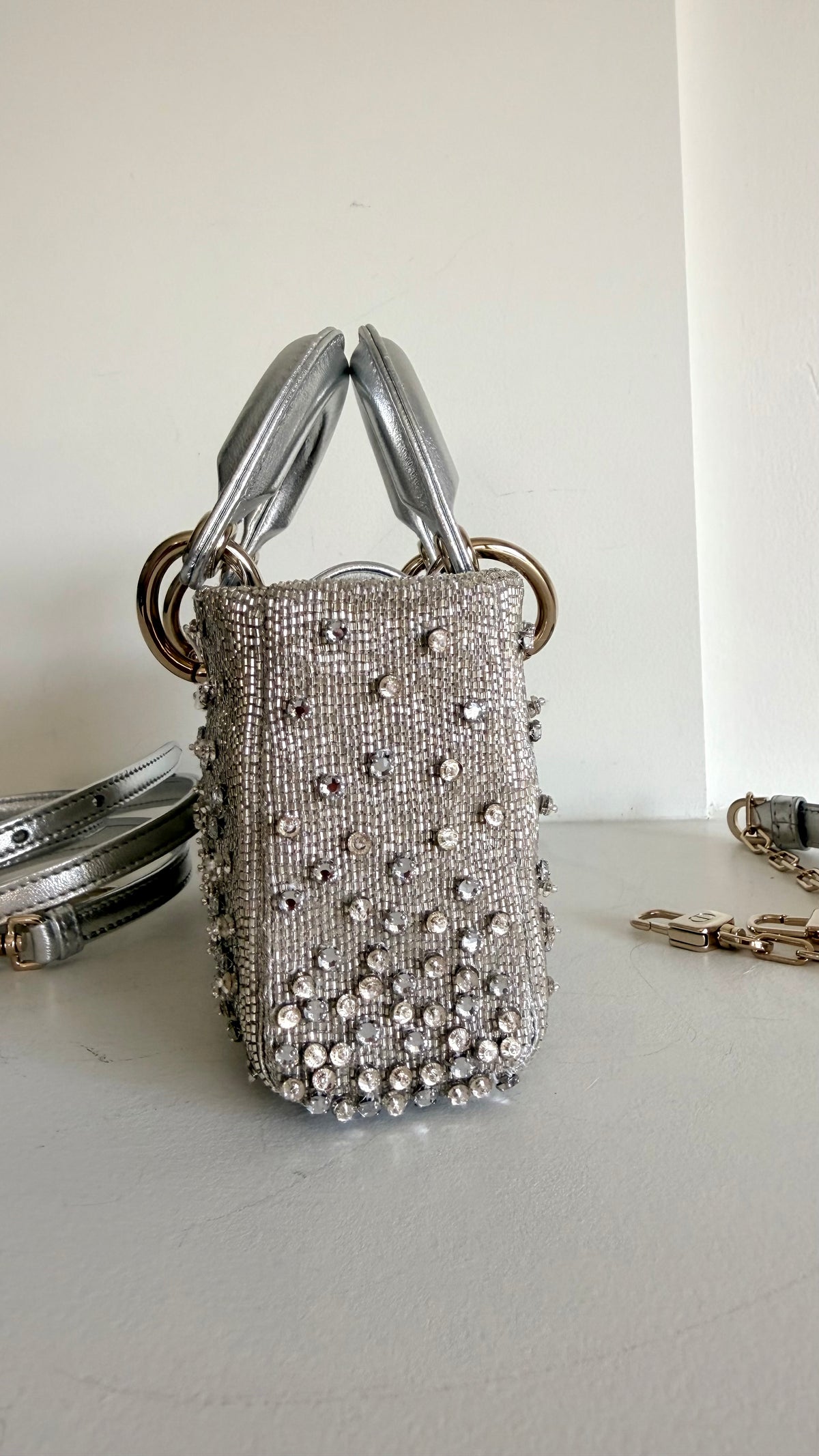 Christian Dior Metallic Lambskin Crystal Beaded Micro Lady D-Joy