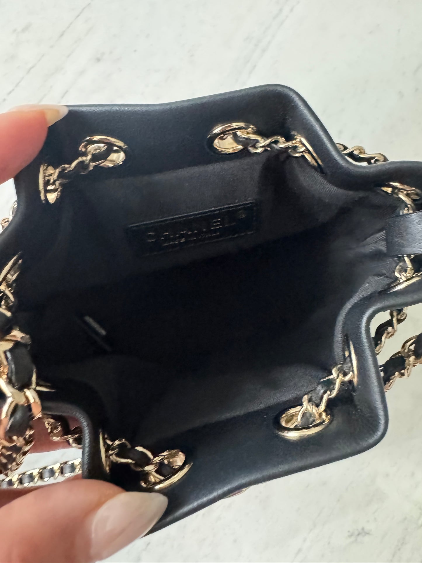 Chanel Calfskin Stitched Small Egyptian Amulet Drawstring Bag Black
