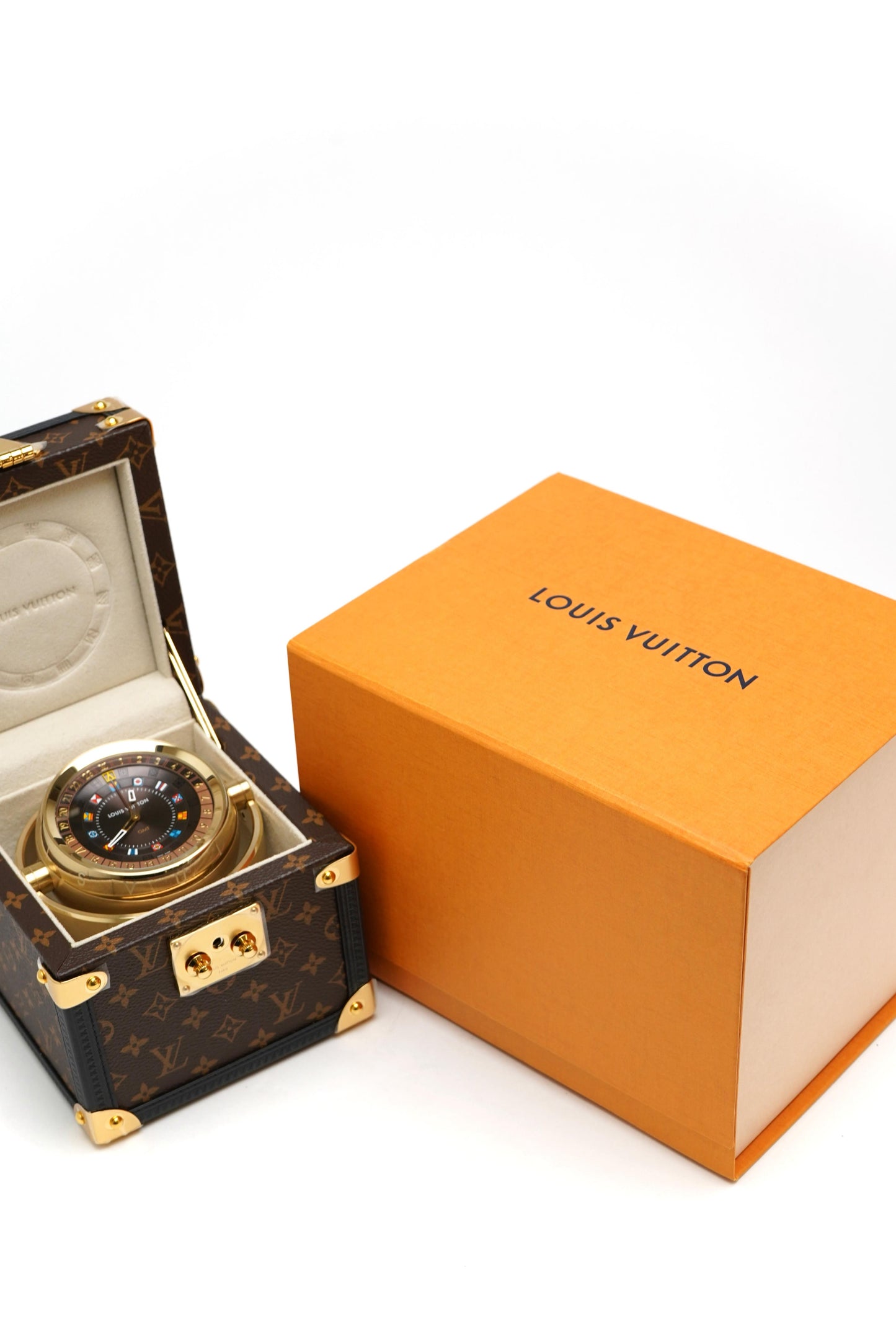 Louis Vuitton Trunk Table Clock, Quartz, 80mm, Brass, Monogram