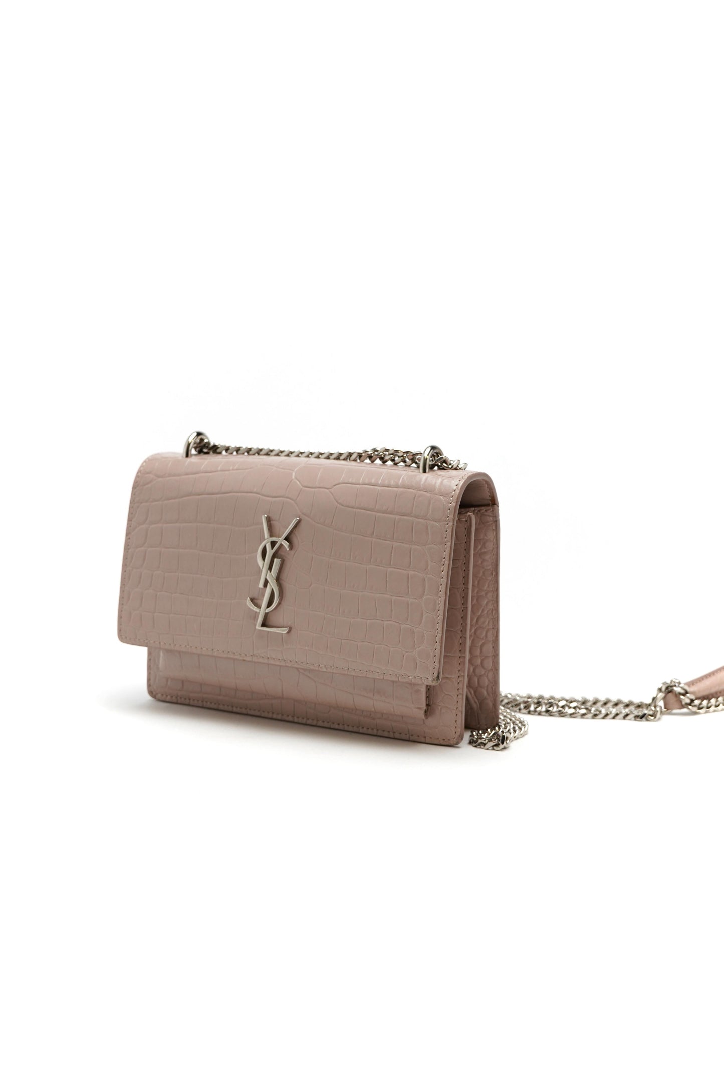 Saint Laurent Calfskin Crocodile Embossed Monogram Sunset Chain Wallet