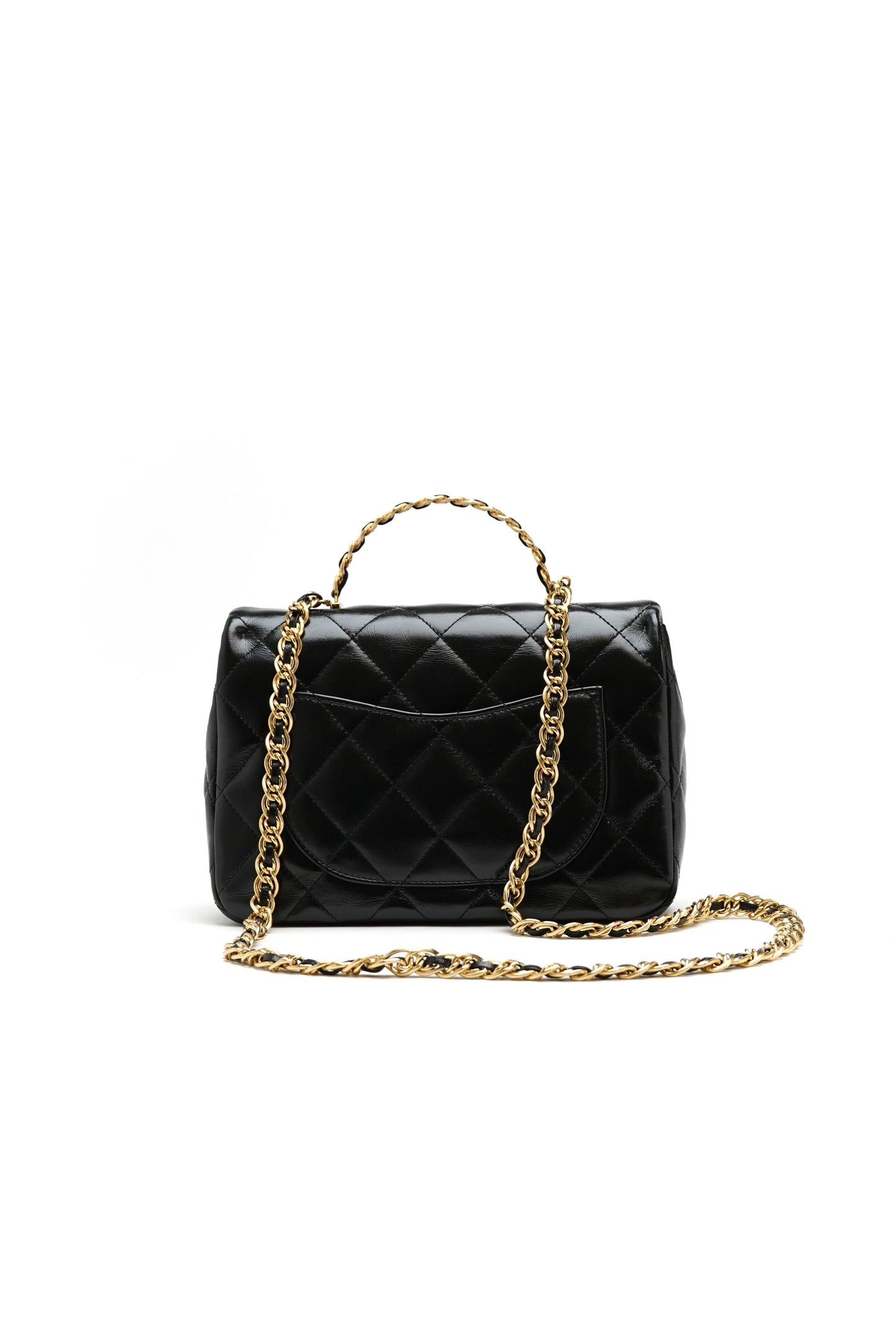 Chanel Medium Shiny Lambskin Quilted Golden Links Top Handle Flap Black