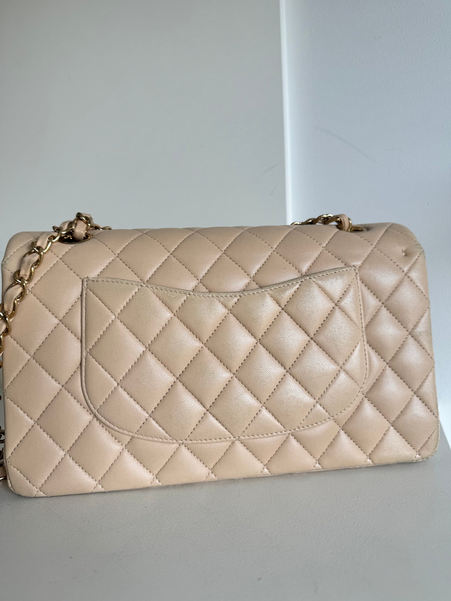 Chanel medium classic double flap lambskin beige GHW