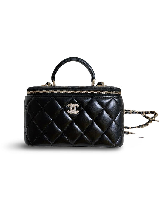 Chanel Black Quilted Top Handle Vanity Case Crystal & Light Gold Hardware