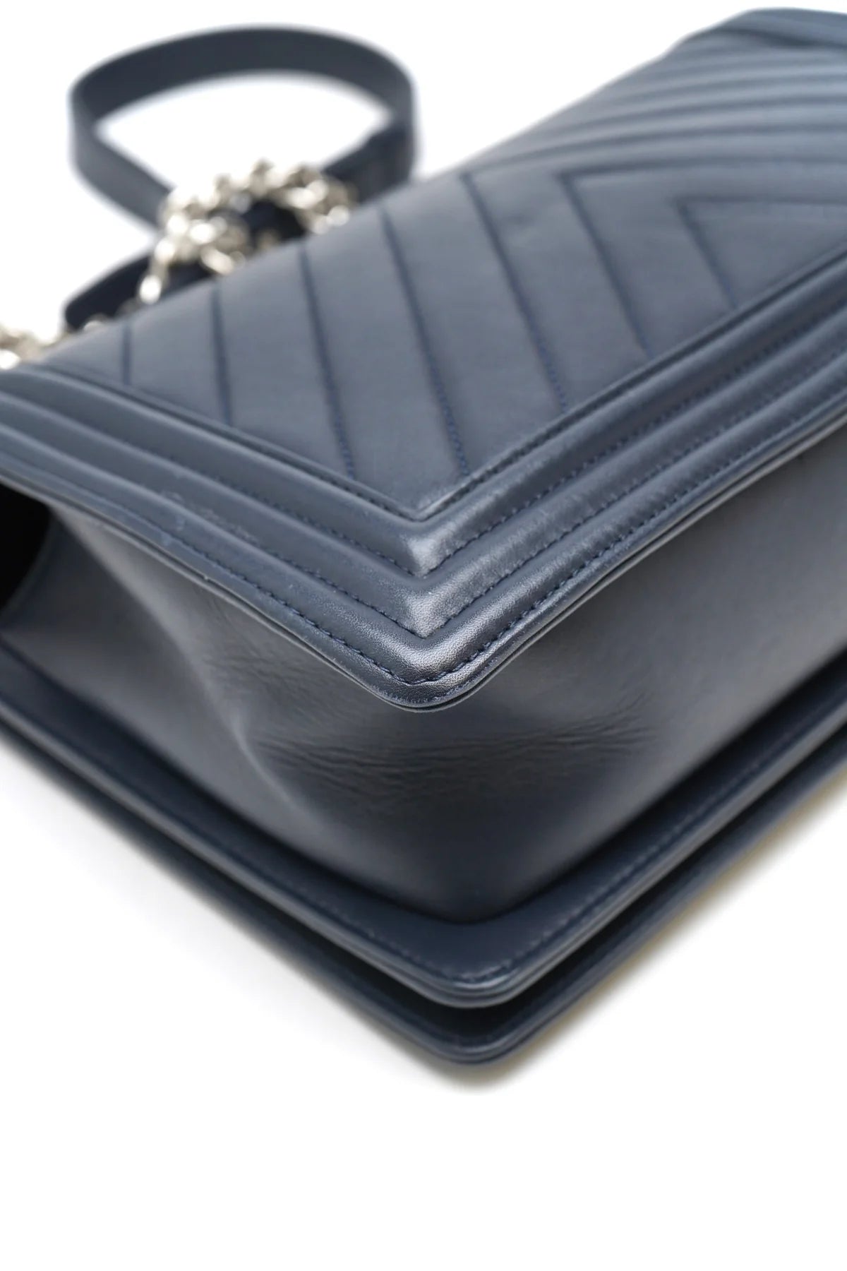 Chanel Lambskin Chevron Quilted New Large Boy Flap Dark Navy Blue