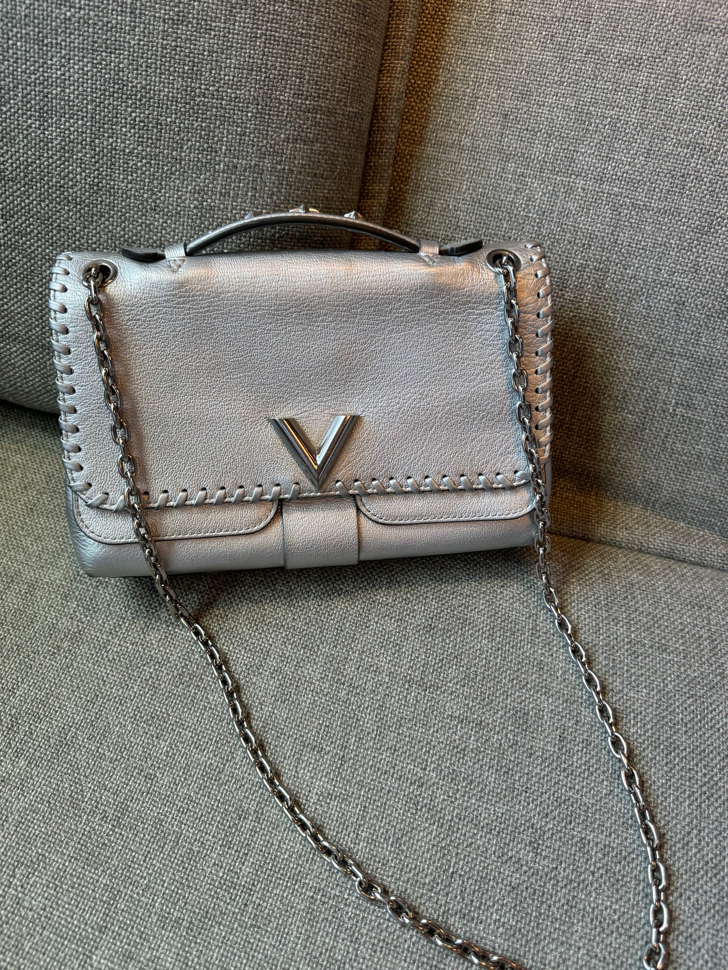 Louis Vuitton Metallic Silver Leather Braided Very Chain Bag