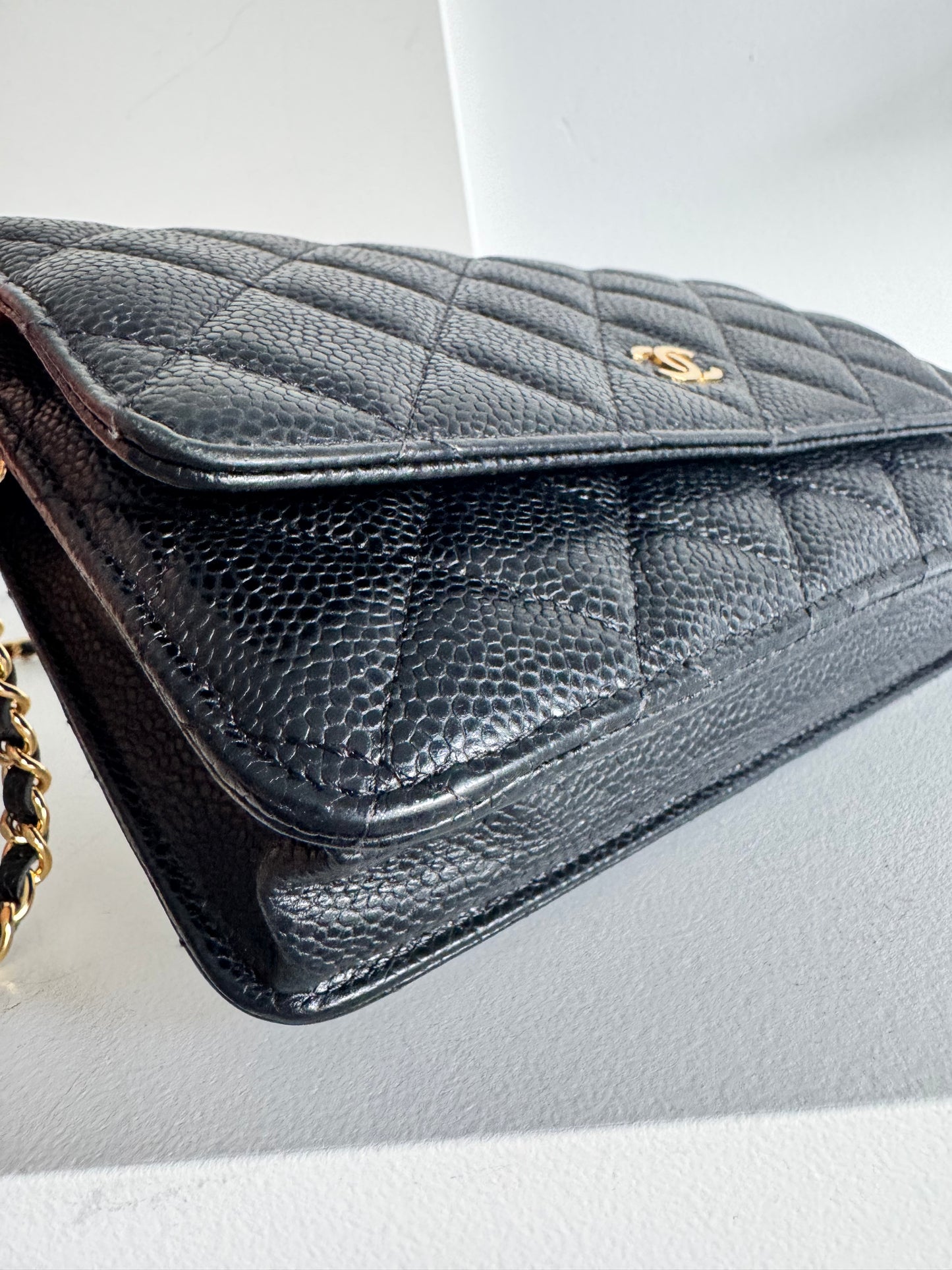 Chanel caviar wallet on chain black gold hardware