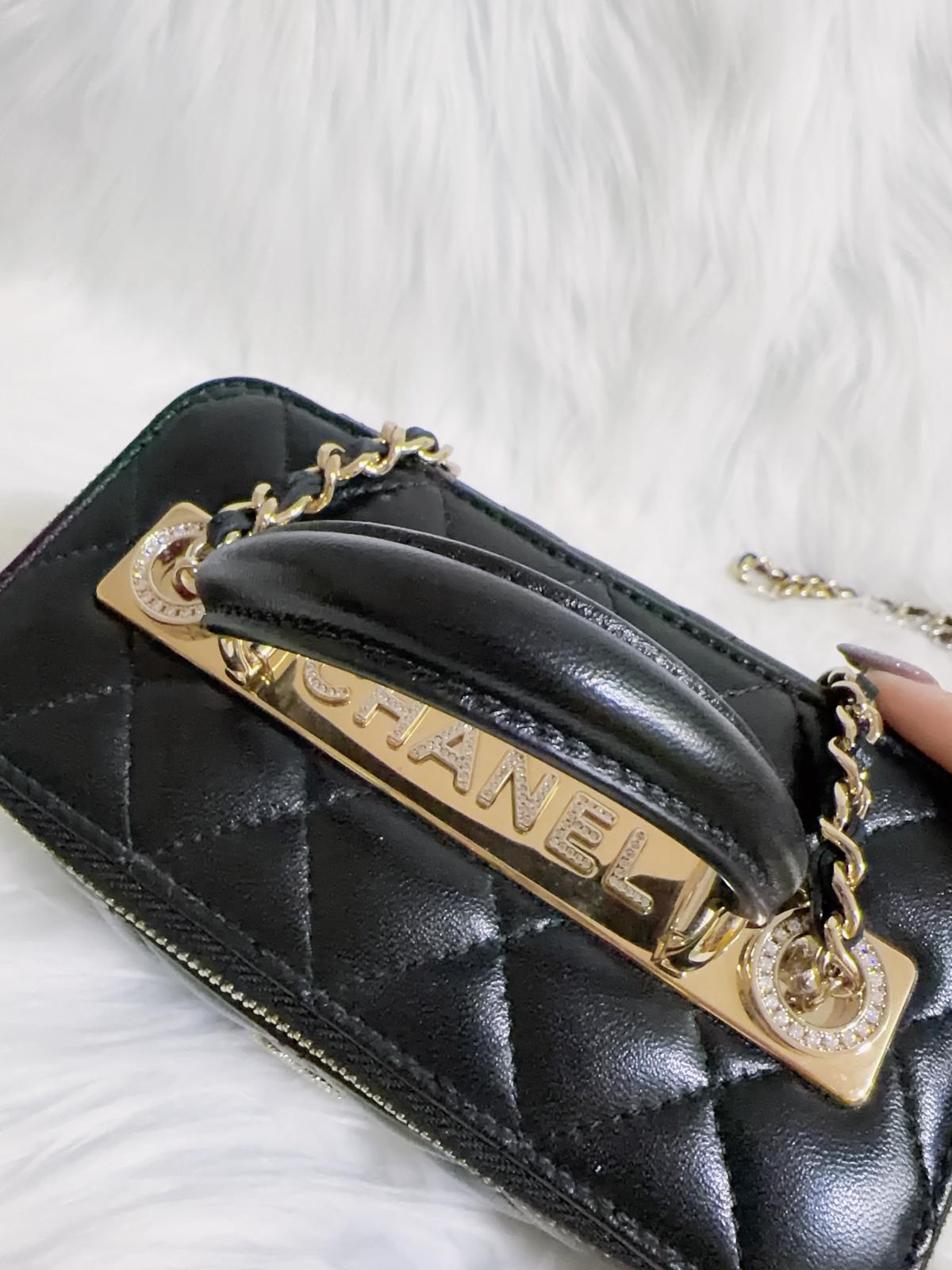 Chanel Black Quilted Top Handle Vanity Case Crystal & Light Gold Hardware