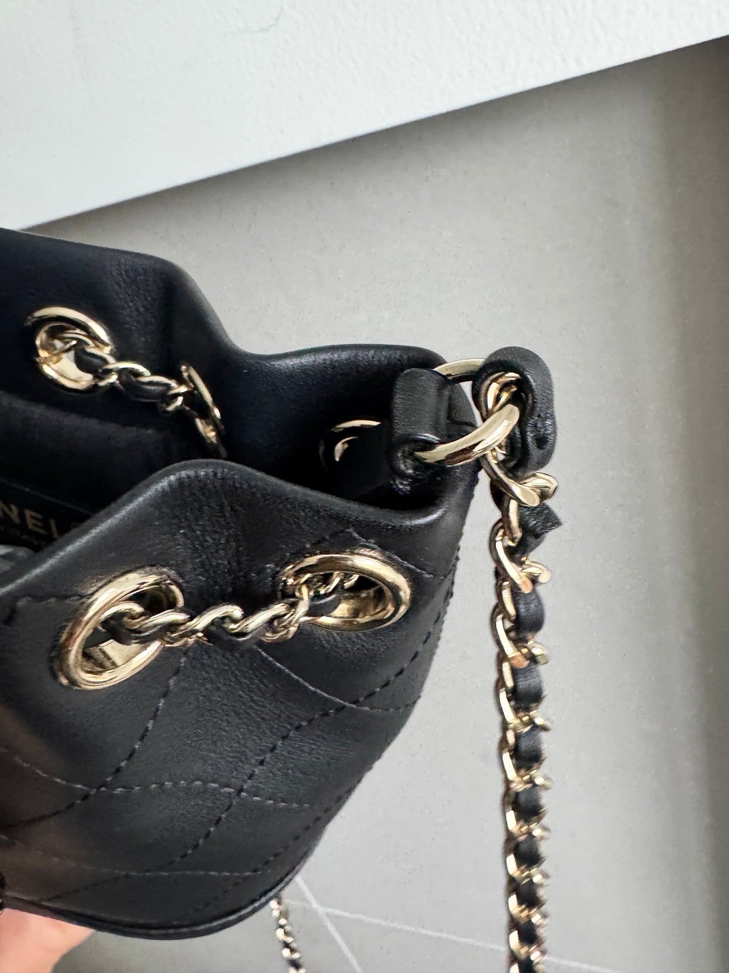 Chanel Calfskin Stitched Small Egyptian Amulet Drawstring Bag Black