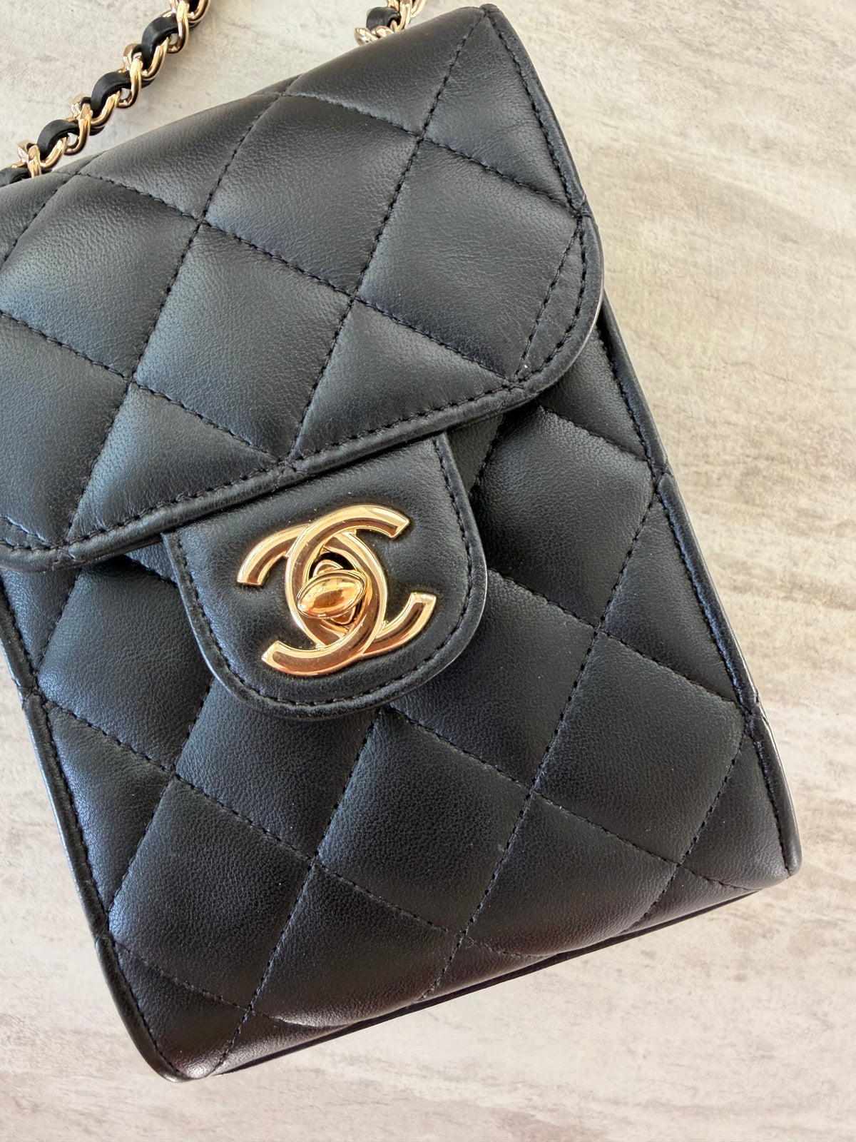 Chanel Quilted Lambskin Phone Holder With Chain GHW