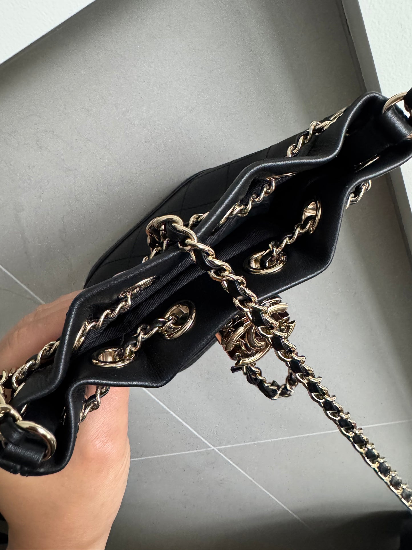 Chanel Calfskin Stitched Small Egyptian Amulet Drawstring Bag Black
