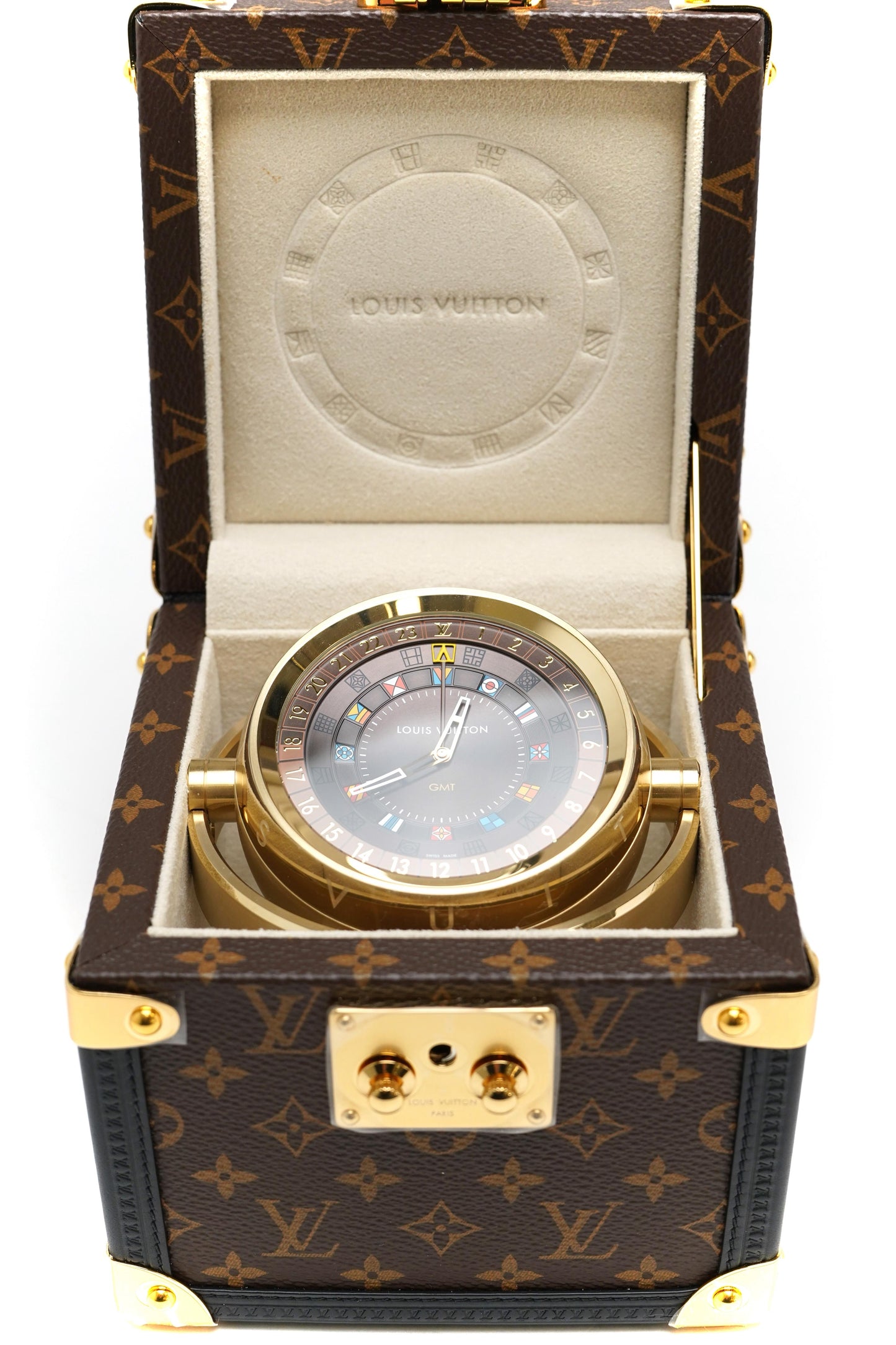 Louis Vuitton Trunk Table Clock, Quartz, 80mm, Brass, Monogram