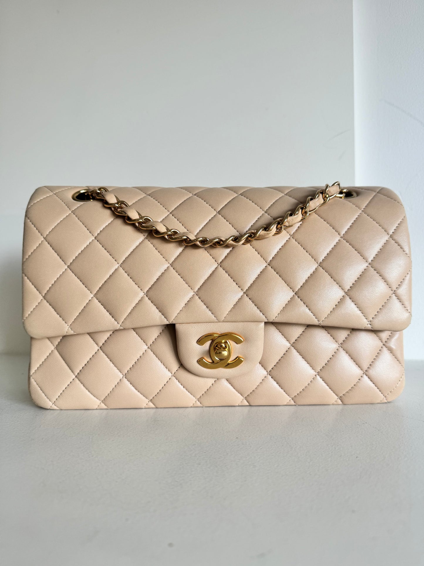 Chanel medium classic double flap lambskin beige GHW