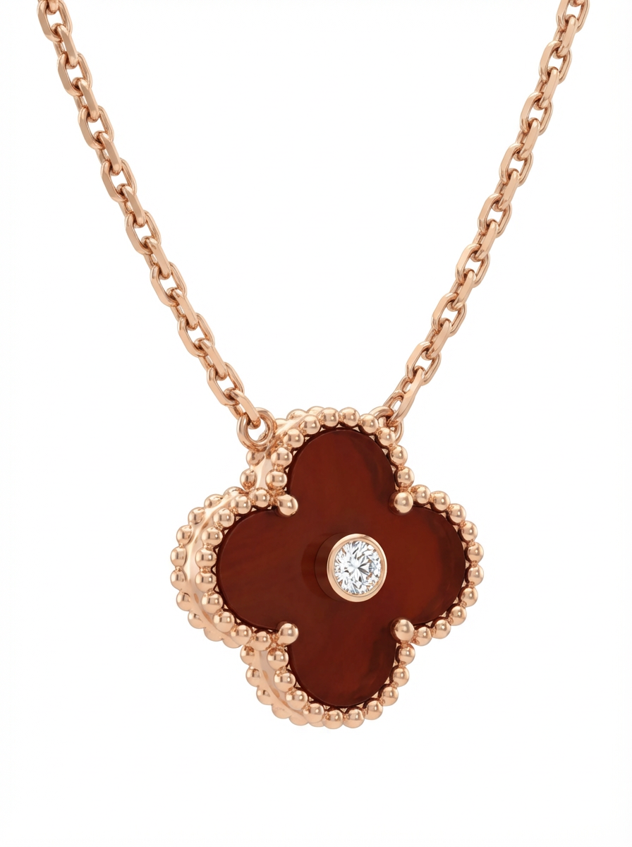 Van cleef and Arpels Vintage Alhambra Carnelian w/ Diamond Necklace