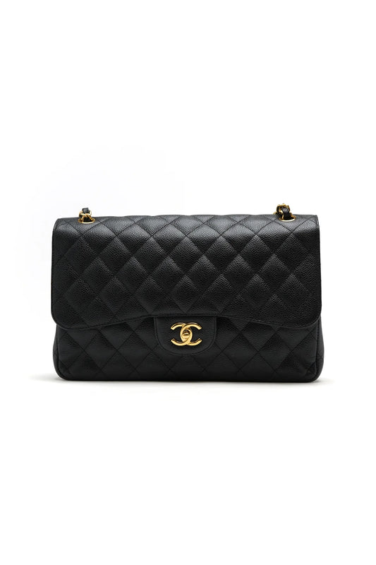 Chanel Caviar Quilted Jumbo Double Flap Black and gold