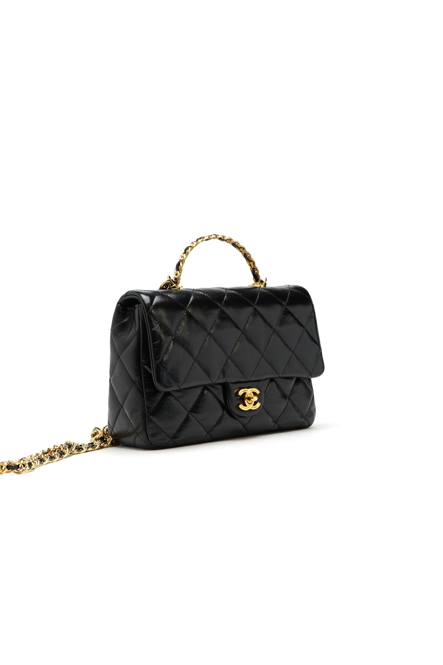 Chanel Medium Shiny Lambskin Quilted Golden Links Top Handle Flap Black