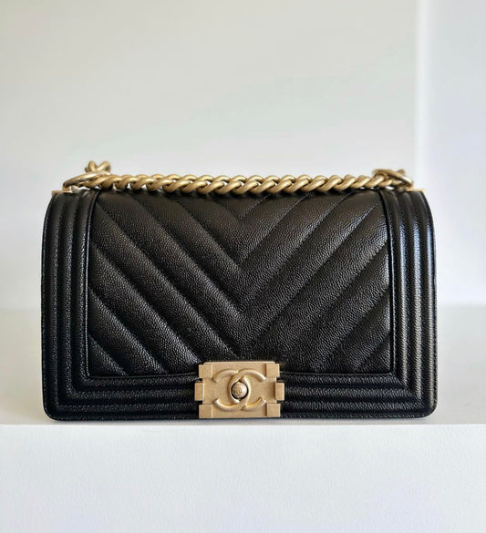 Chanel Black Chevron Medium Boy Bag Caviar Leather Matt Gold Hardware