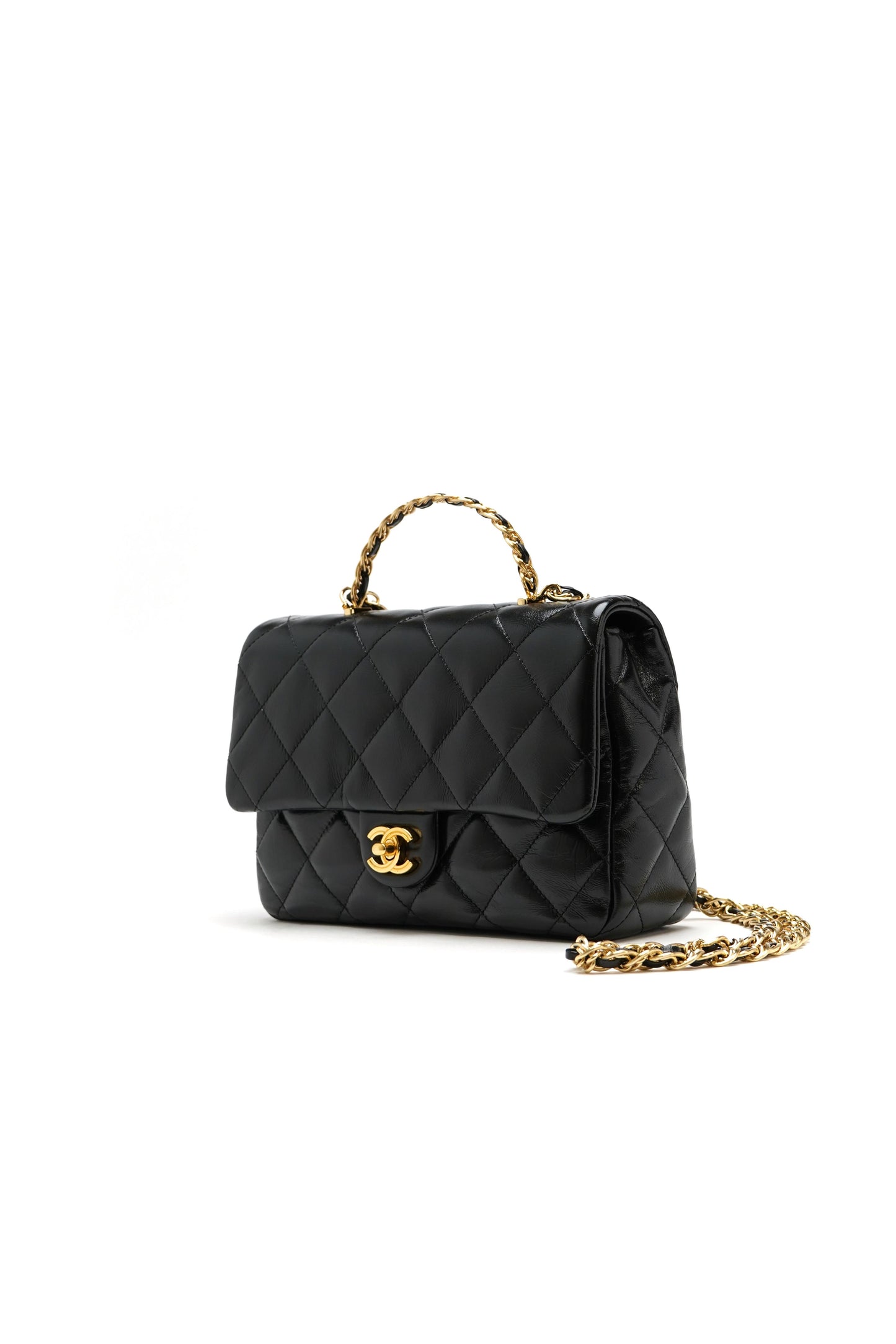 Chanel Medium Shiny Lambskin Quilted Golden Links Top Handle Flap Black