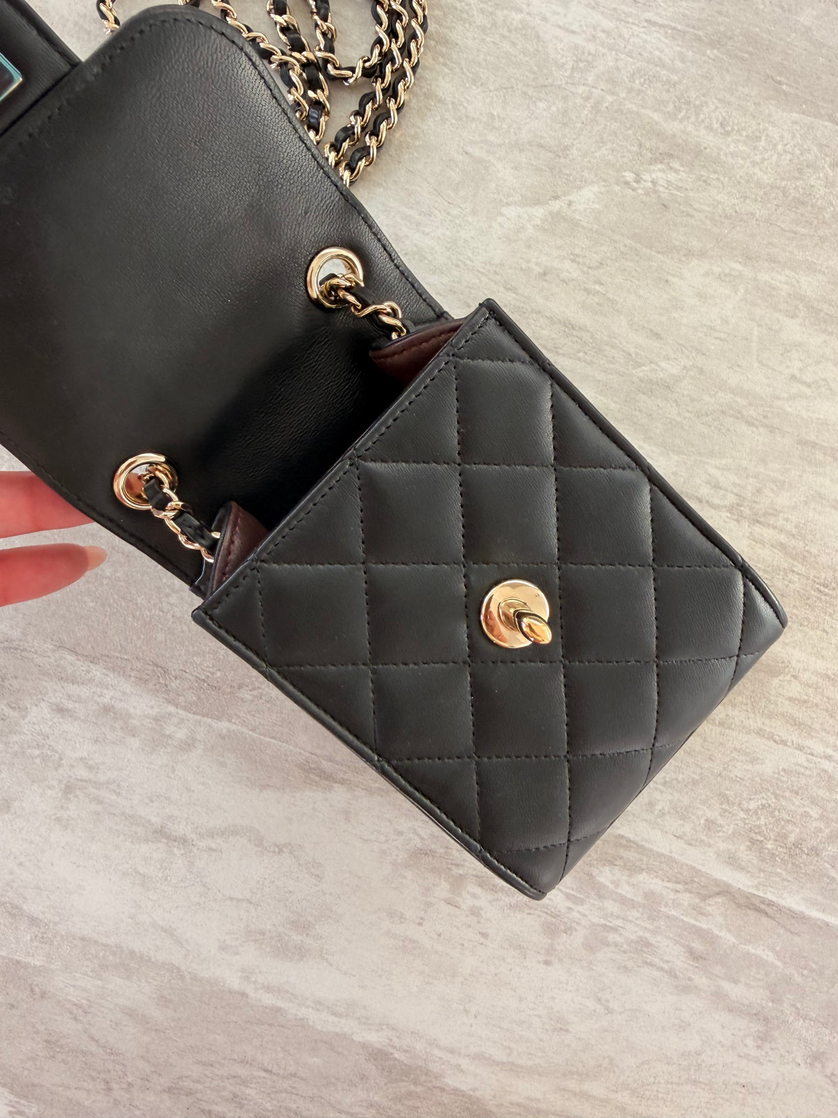 Chanel Quilted Lambskin Phone Holder With Chain GHW
