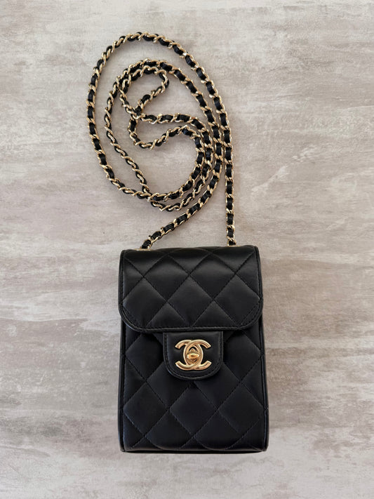 Chanel Quilted Lambskin Phone Holder With Chain GHW