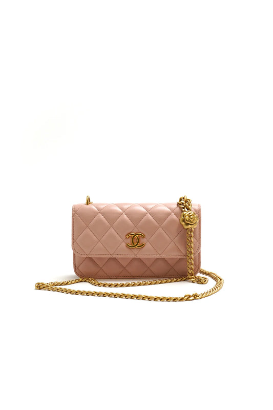 Chanel Camellia Phone Holder With Chain Light Pink