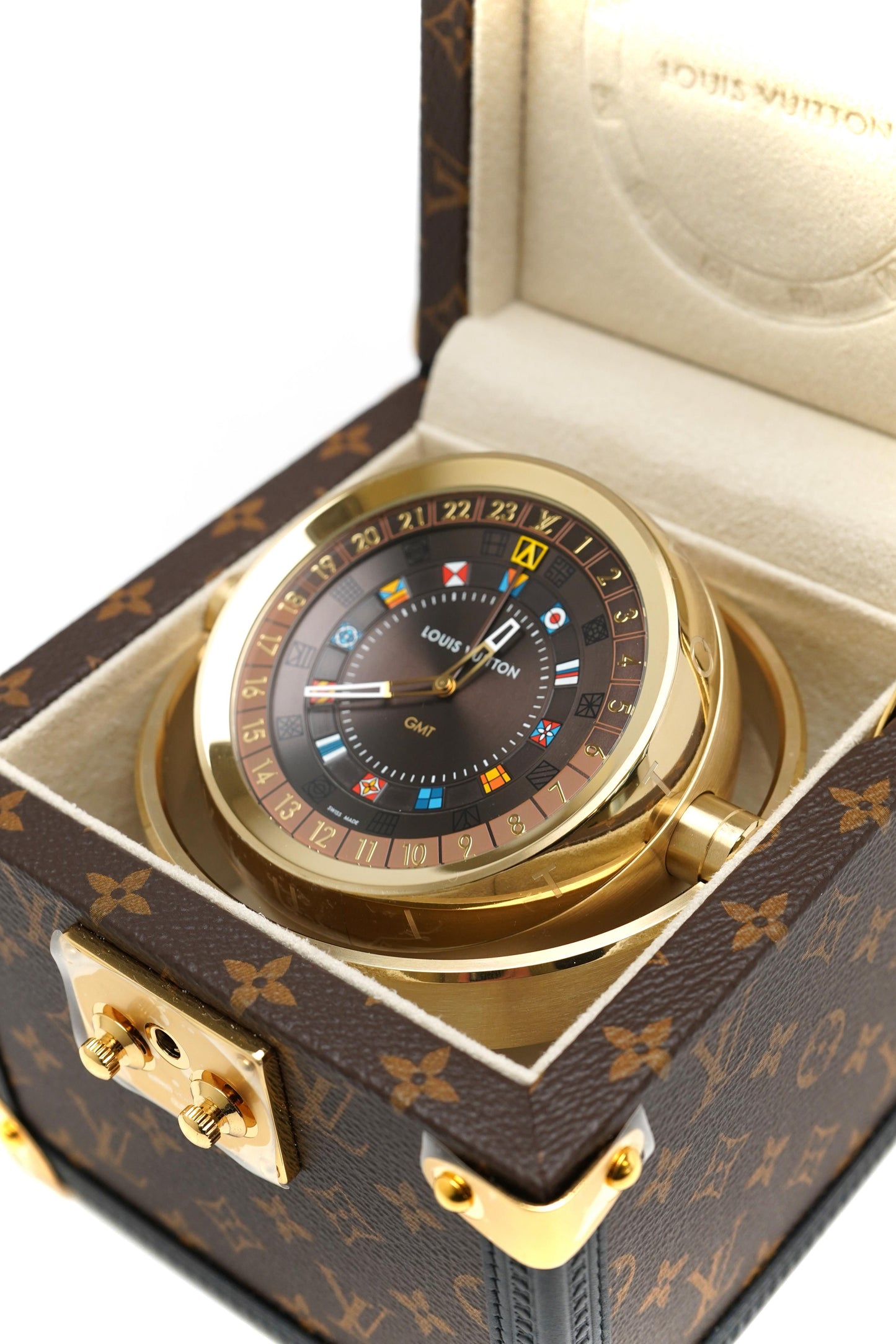Louis Vuitton Trunk Table Clock, Quartz, 80mm, Brass, Monogram