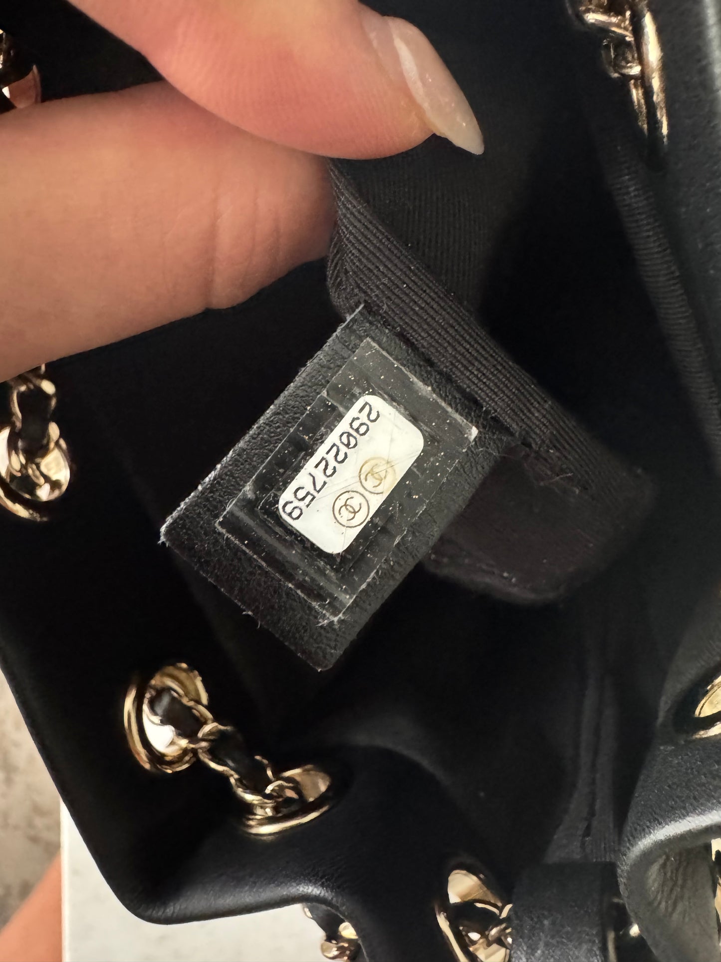 Chanel Calfskin Stitched Small Egyptian Amulet Drawstring Bag Black