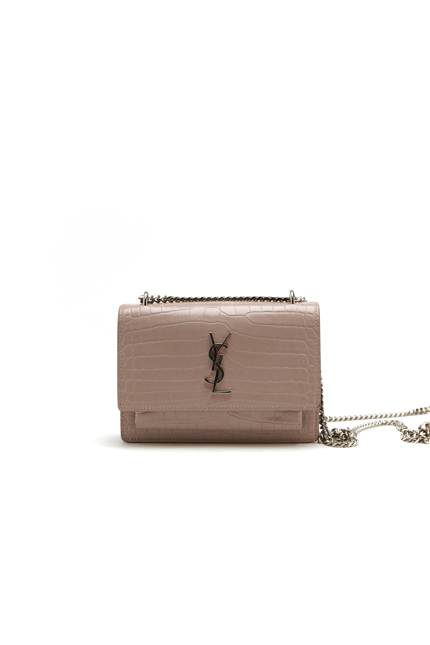 Saint Laurent Calfskin Crocodile Embossed Monogram Sunset Chain Wallet