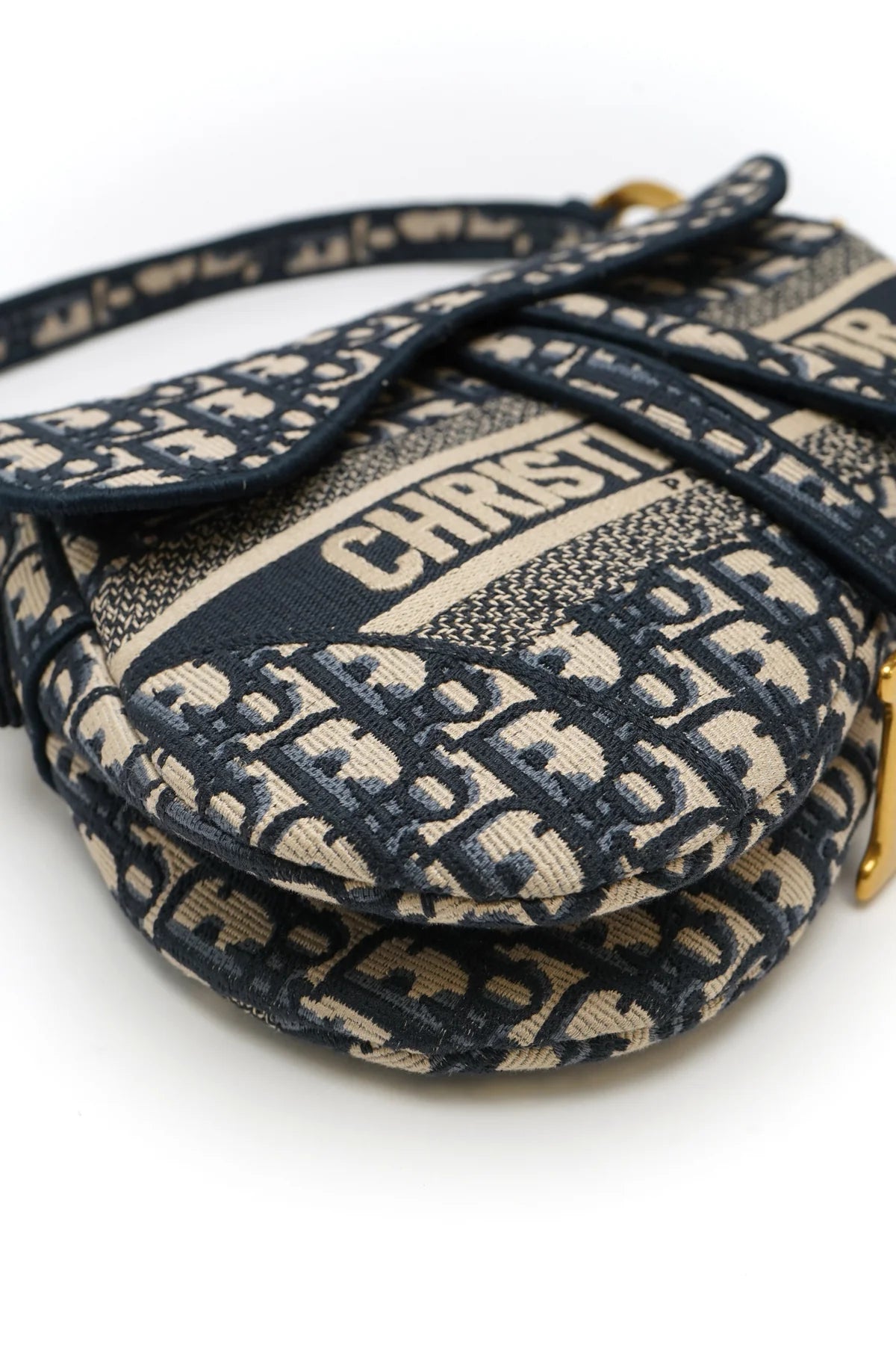 Christian Dior Oblique Embroidered Saddle Bag Blue with strap