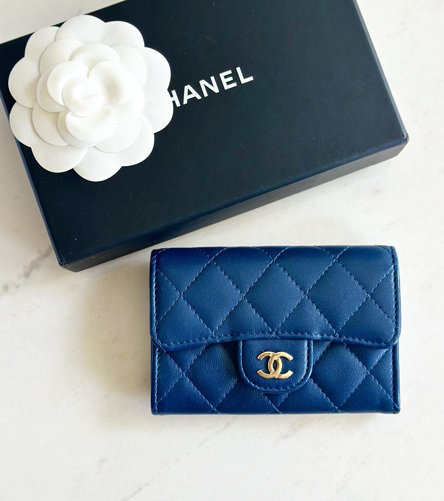 Chanel Lambskin Quilted Flap Card Holder Wallet Navy Blue