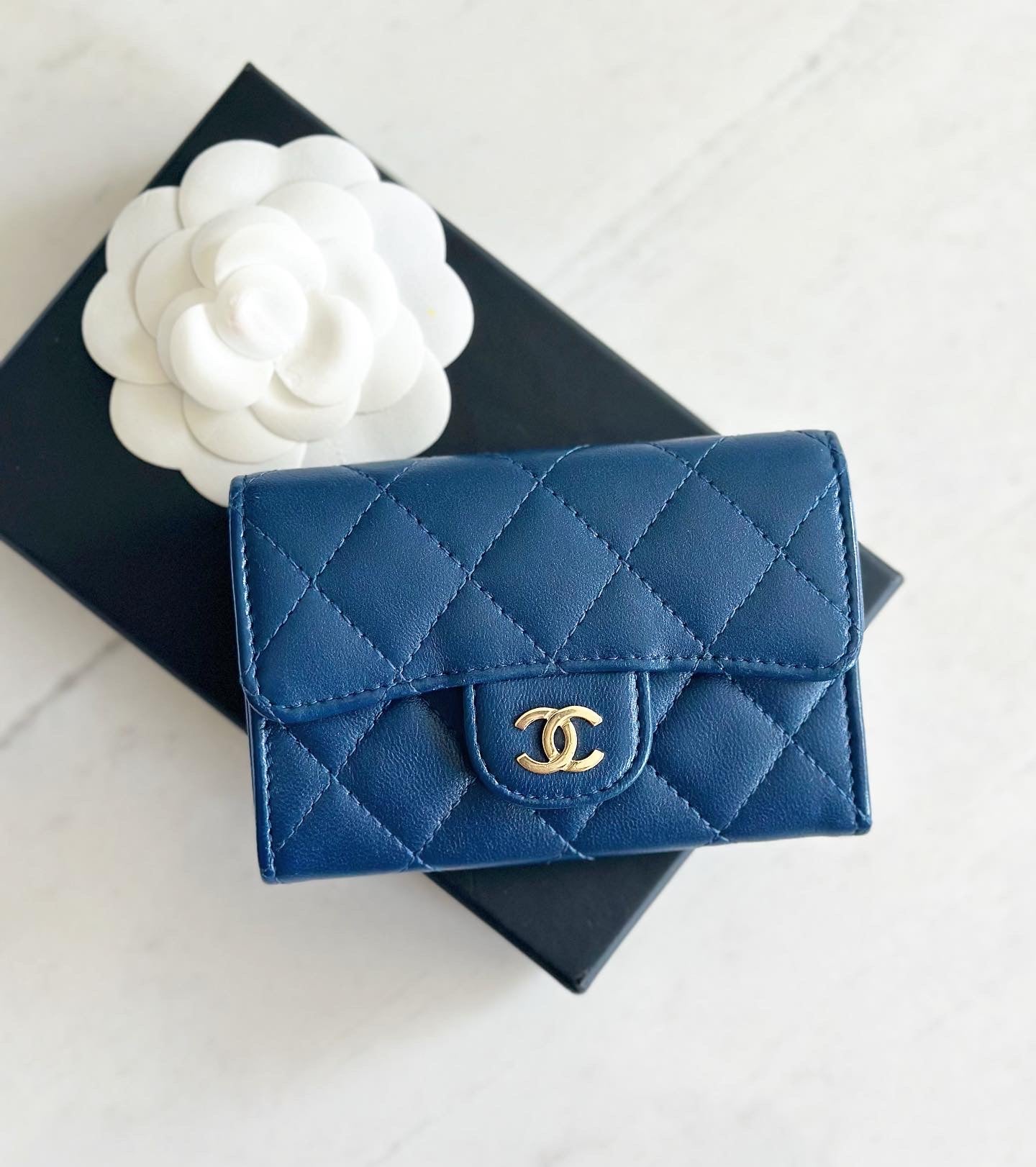 Chanel Lambskin Quilted Flap Card Holder Wallet Navy Blue