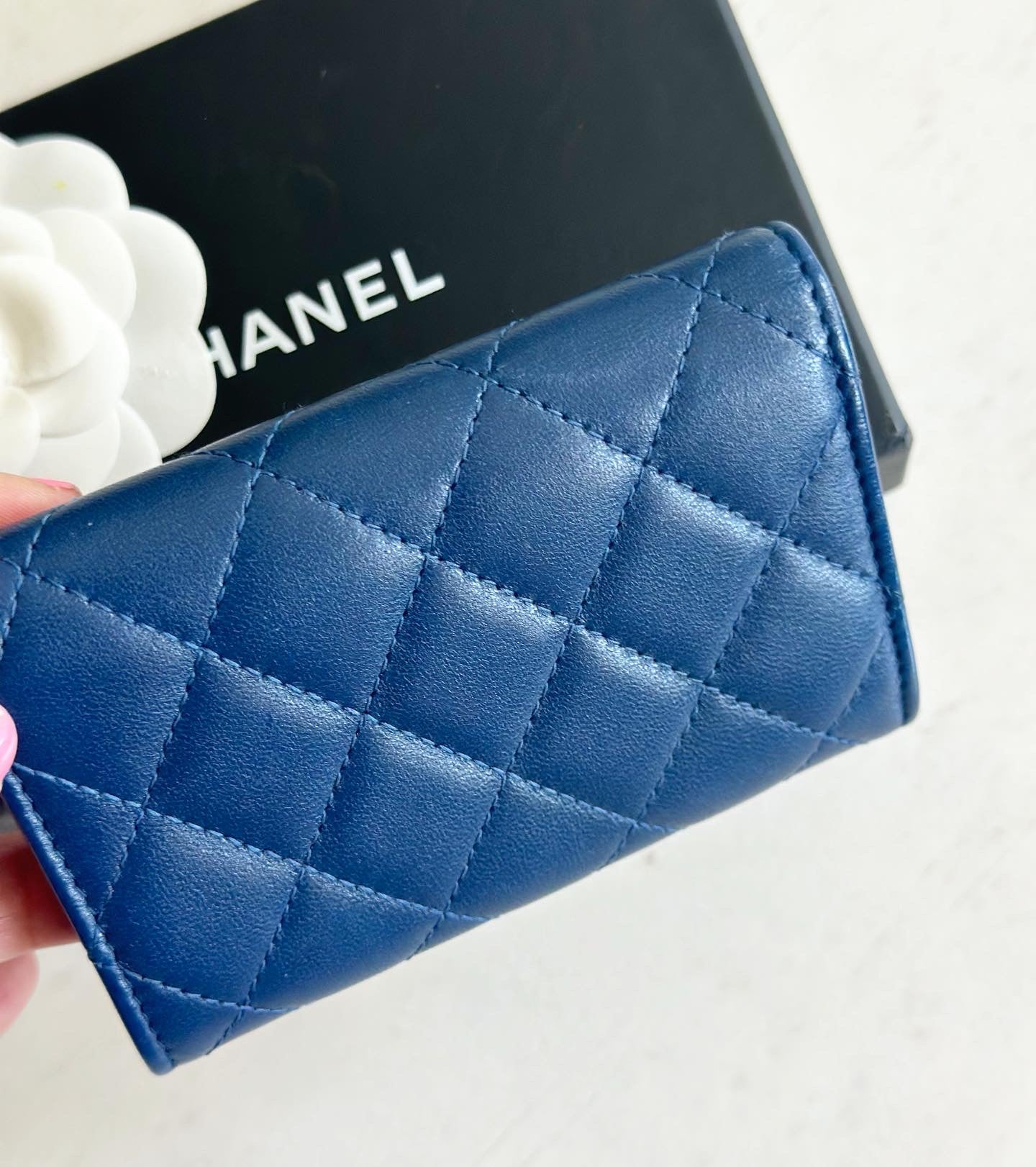 Chanel Lambskin Quilted Flap Card Holder Wallet Navy Blue