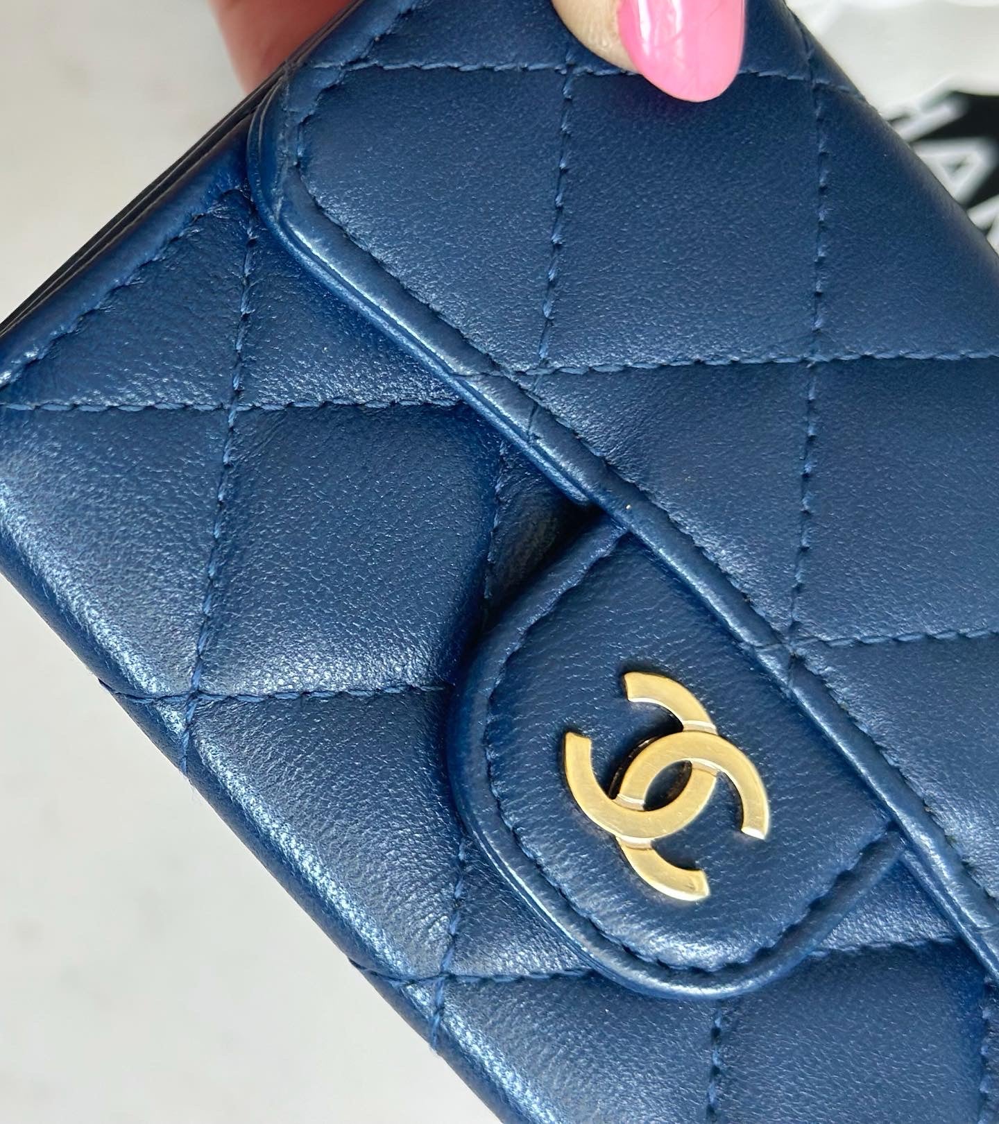 Chanel Lambskin Quilted Flap Card Holder Wallet Navy Blue