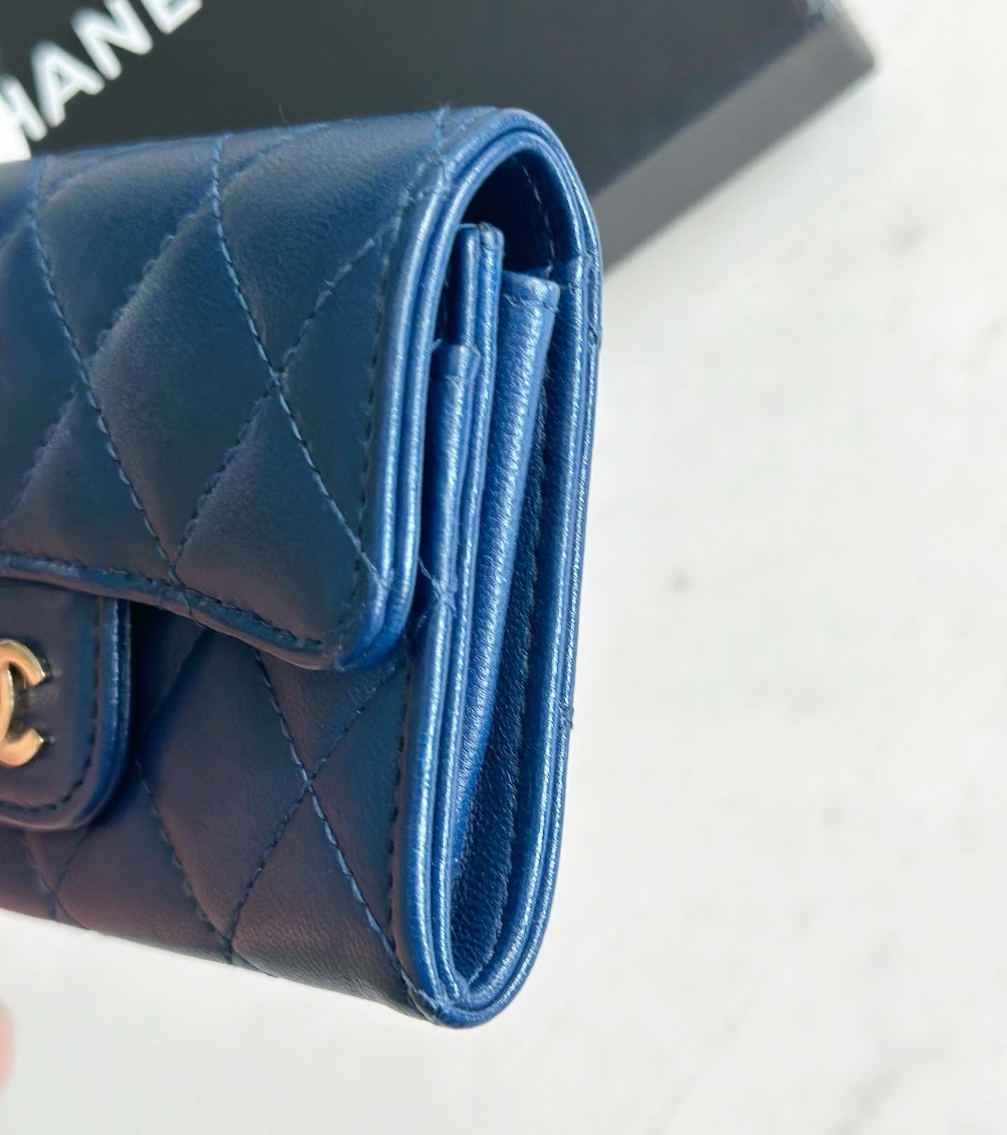 Chanel Lambskin Quilted Flap Card Holder Wallet Navy Blue