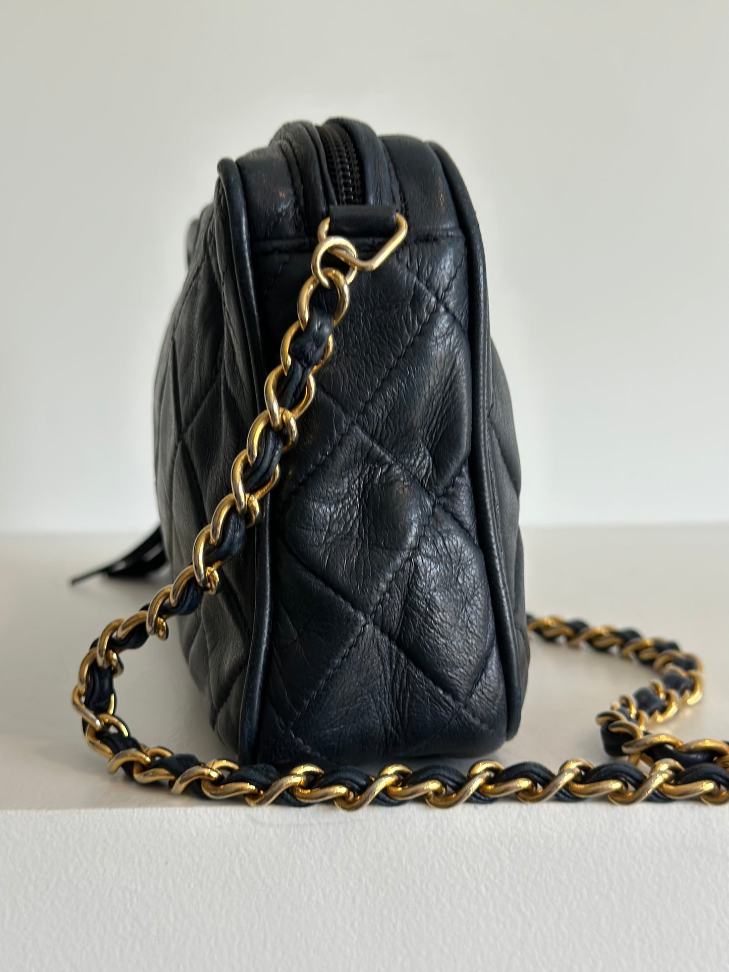 Chanel vintage camera bag with tassel, navy blue leather