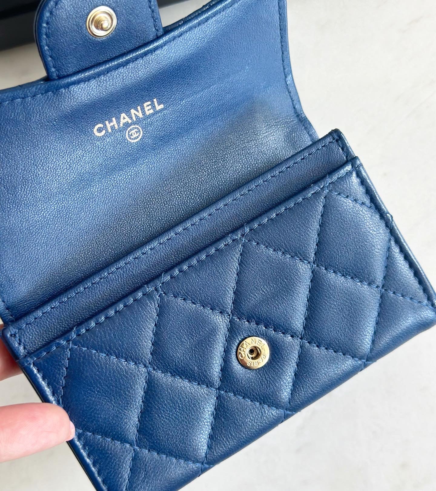 Chanel Lambskin Quilted Flap Card Holder Wallet Navy Blue